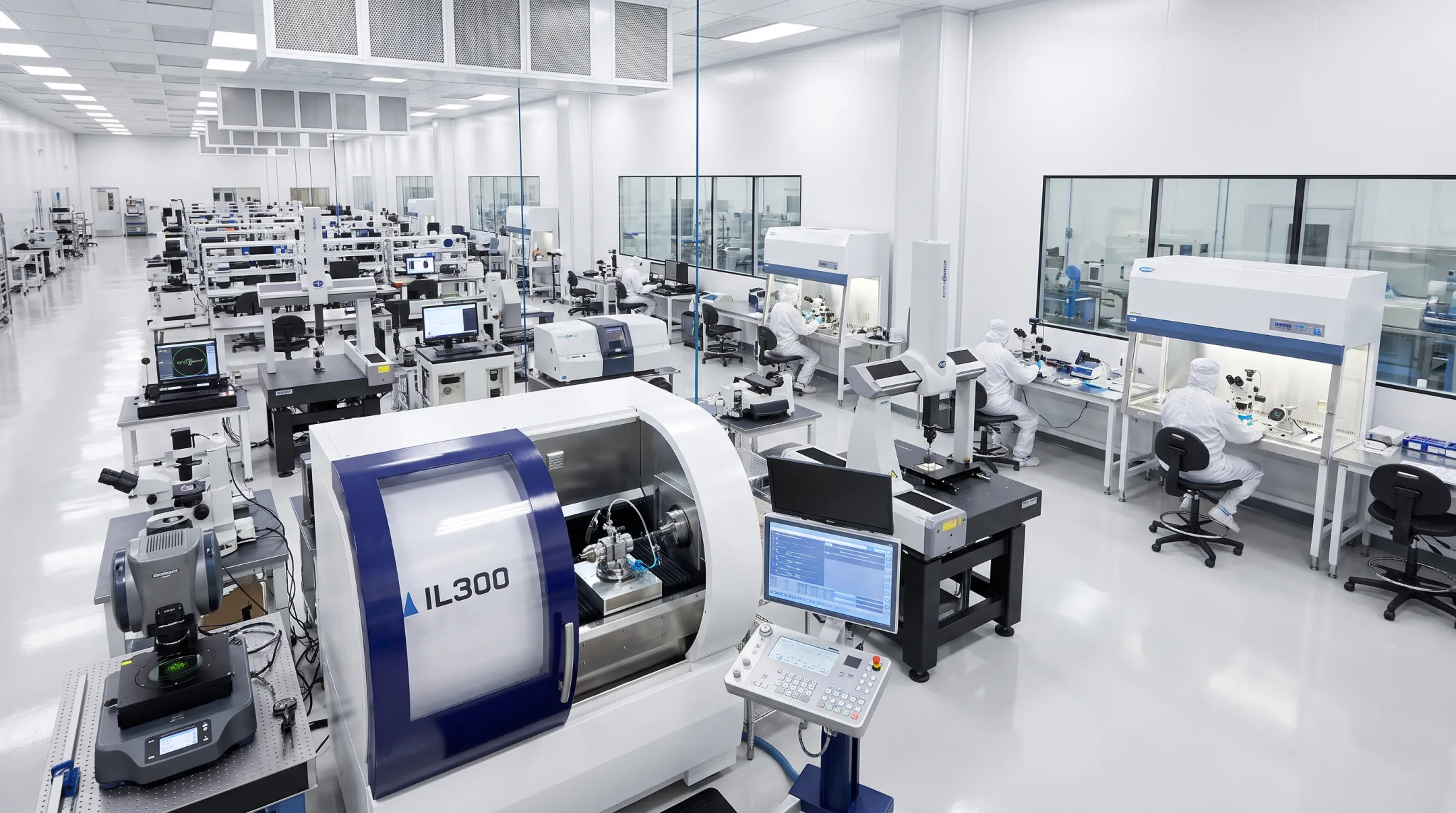 Precision optics manufacturing facility with metrology and assembly workstations