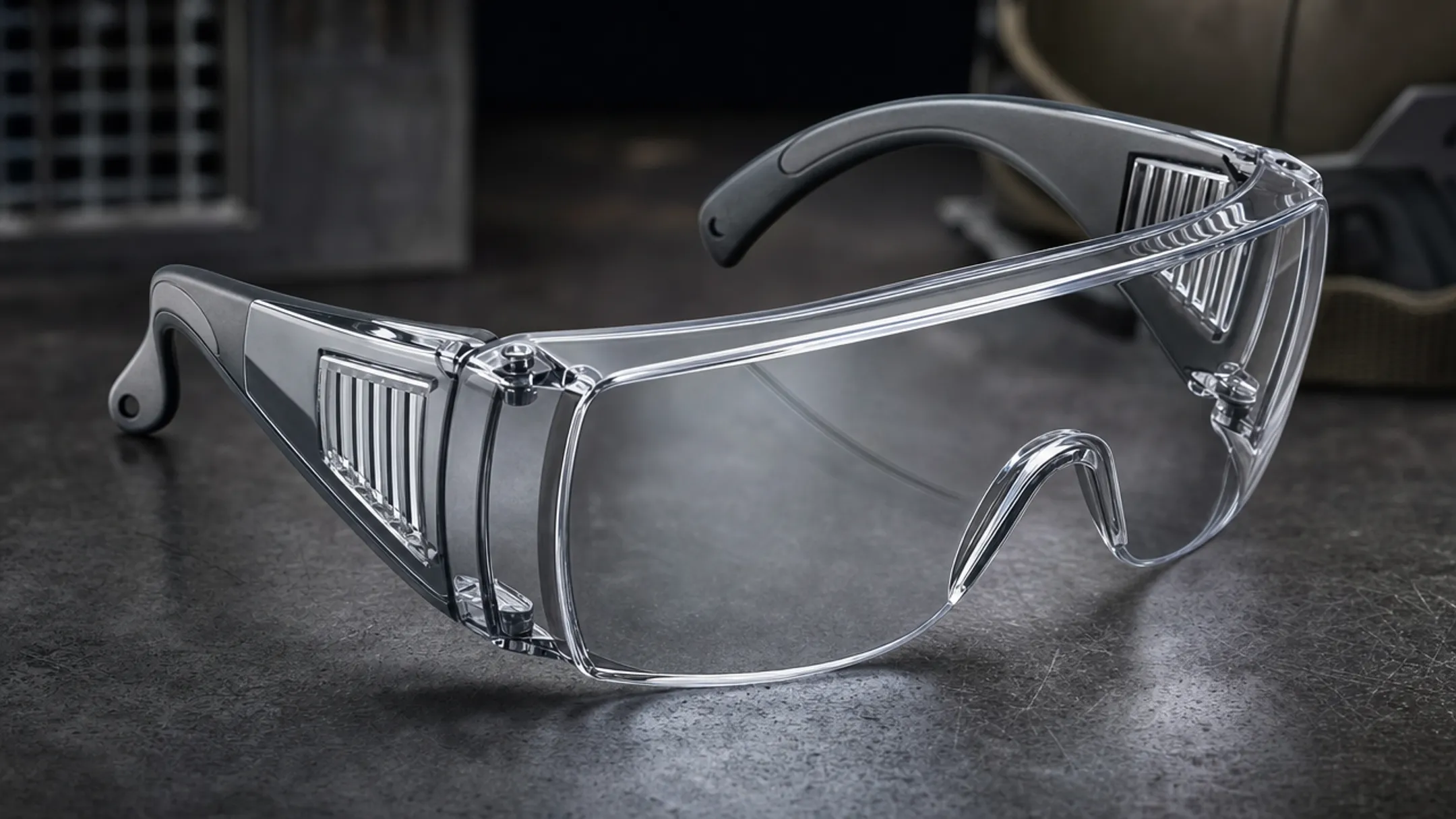 Protective safety eyewear with polycarbonate lenses meeting impact resistance standards