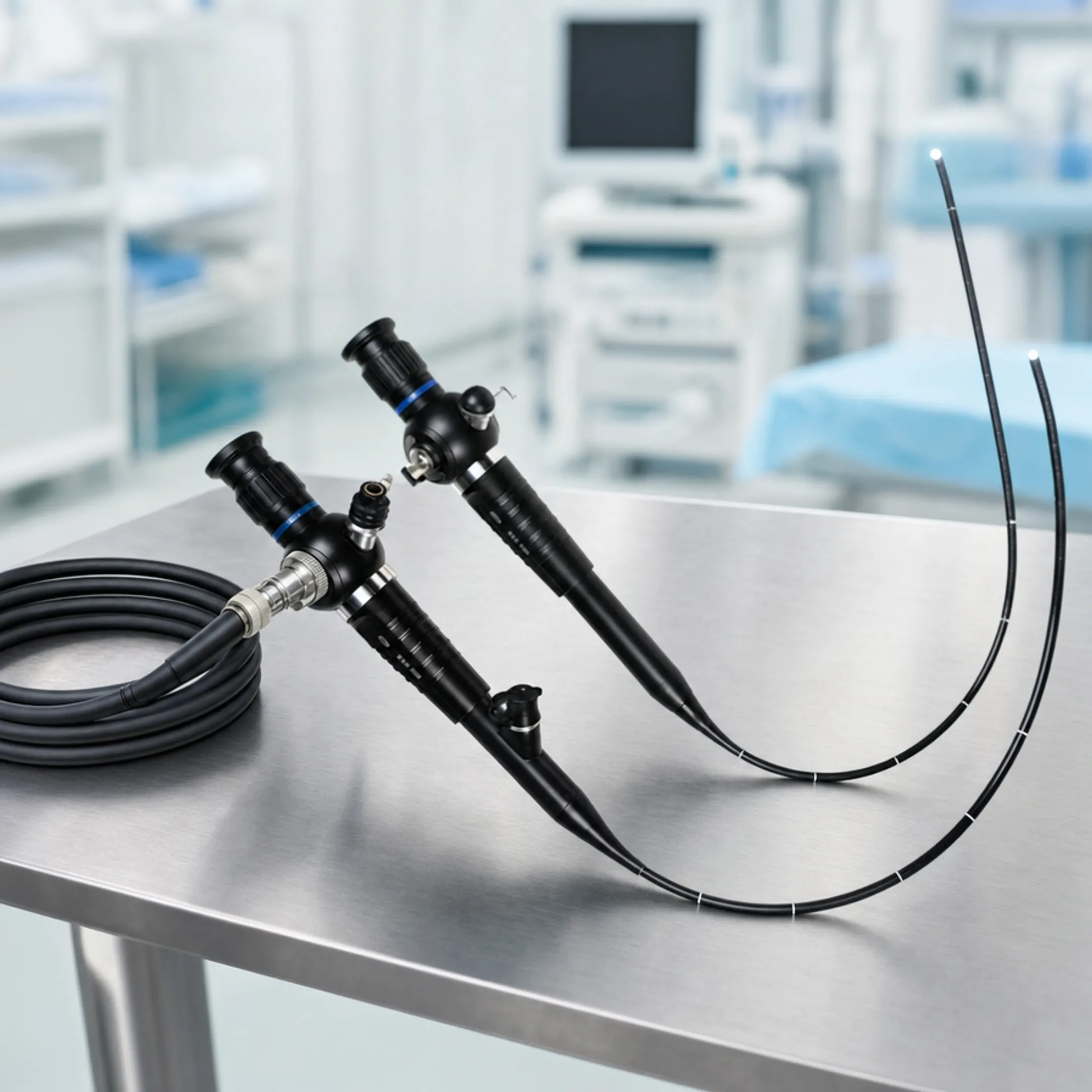 Surgical endoscope with fiber optic illumination used in medical procedure