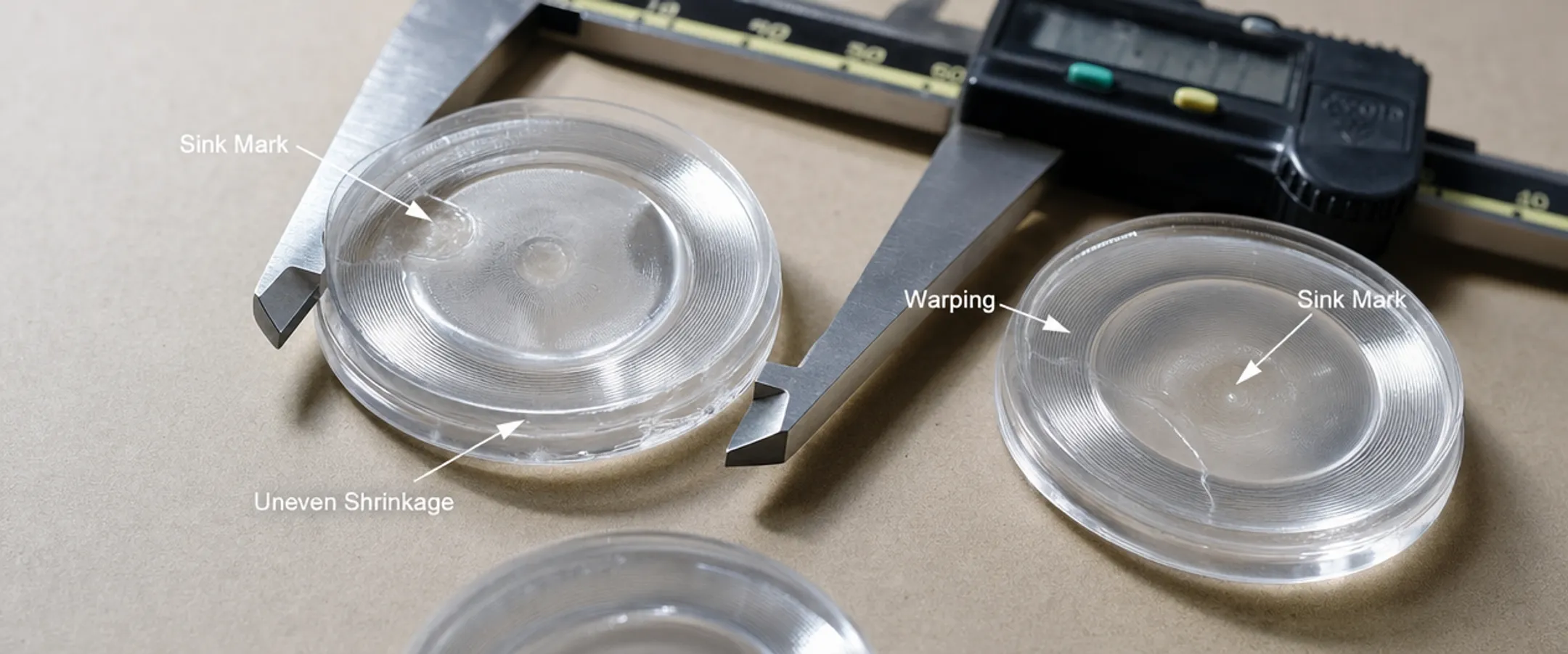 Injection-molded optical lenses showing surface defects and quality issues