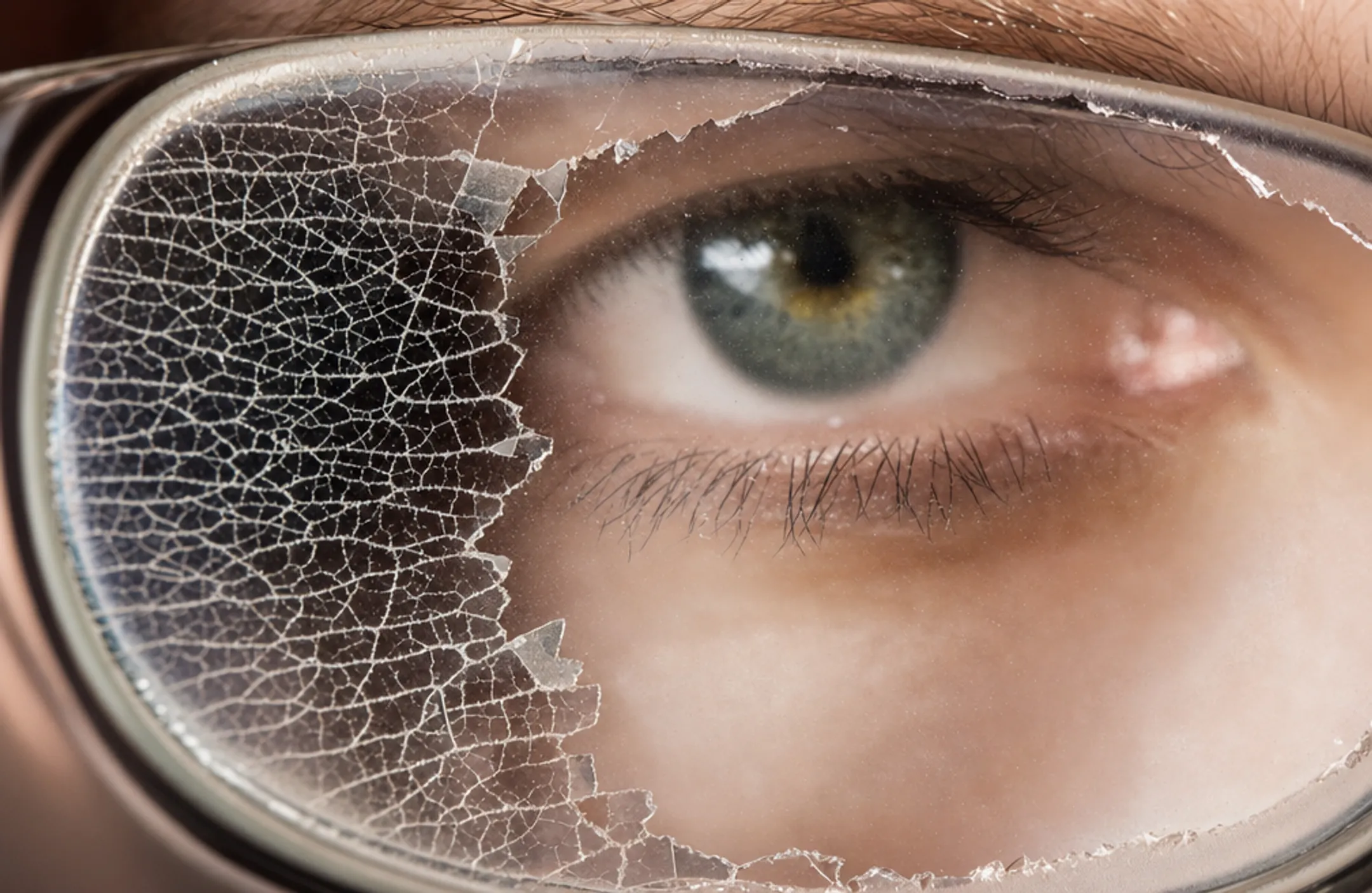 Damaged lens coating showing crazing cracks and peeling degradation