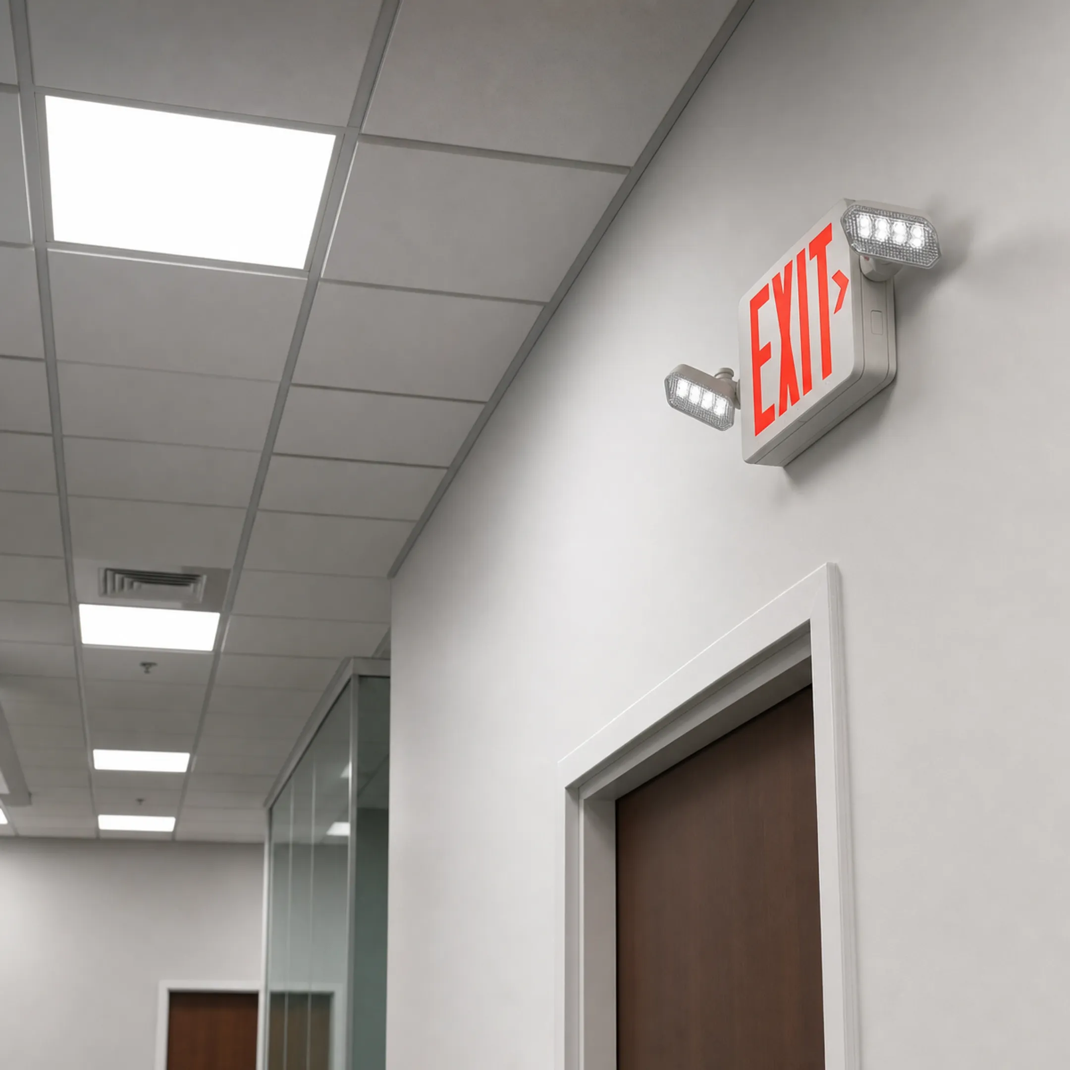 LED exit sign combo unit mounted above commercial doorway