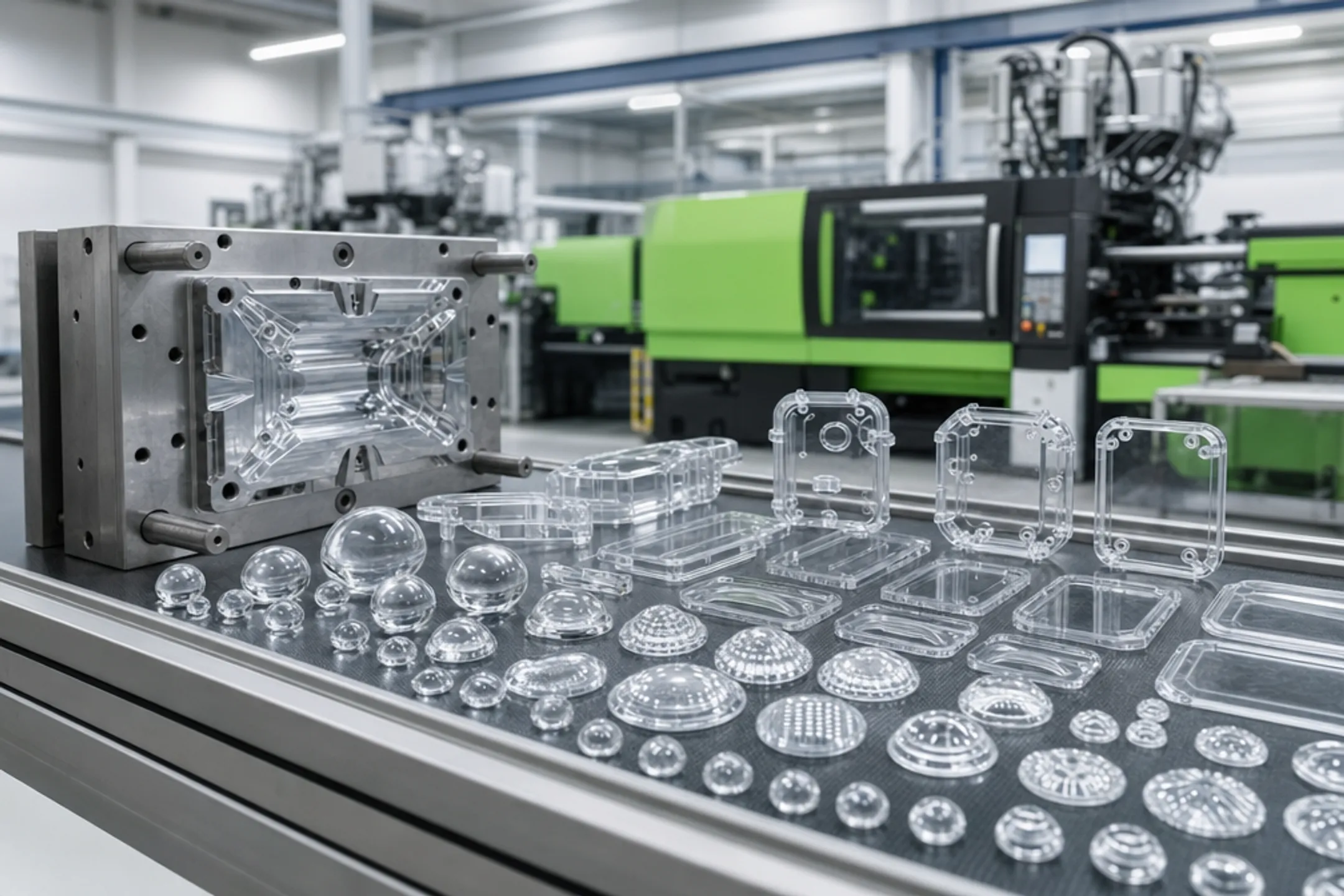 Injection molded polymer optical lenses in manufacturing facility