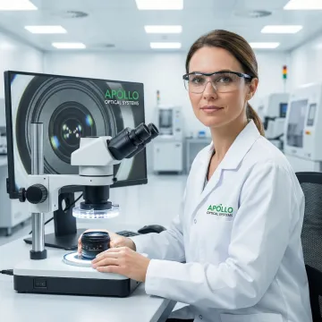 Engineer inspecting precision optical component under microscope
