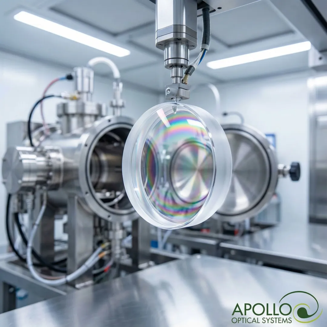 Close-up view of precision UV optical coating being applied to polymer optical components