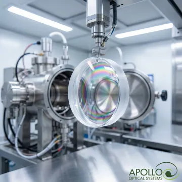 Close-up view of precision UV optical coating being applied to polymer optical components