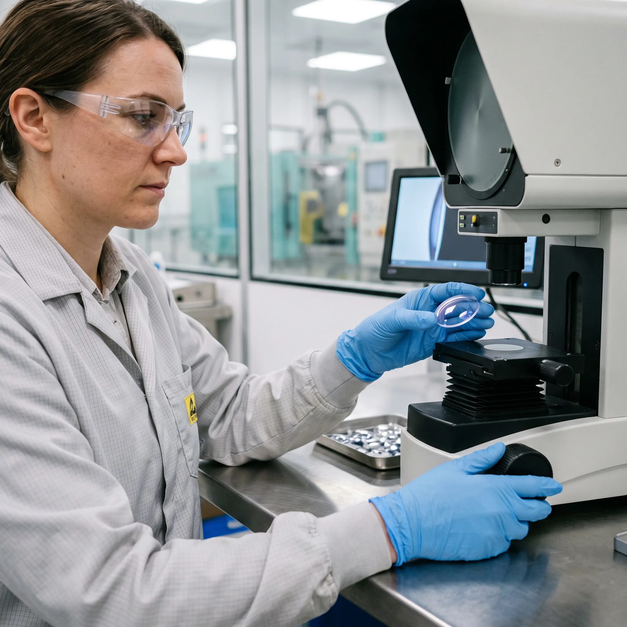 Engineer inspecting lightweight polymer lens assembly