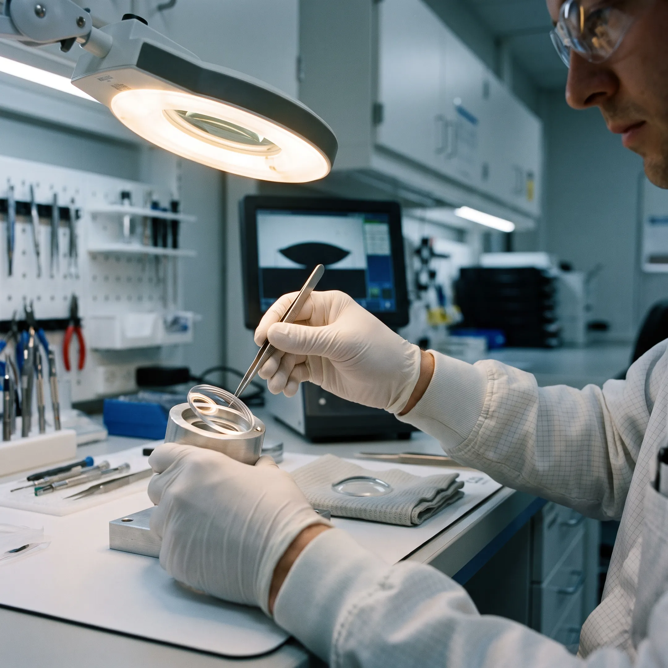 Technician assembling a precision optical device