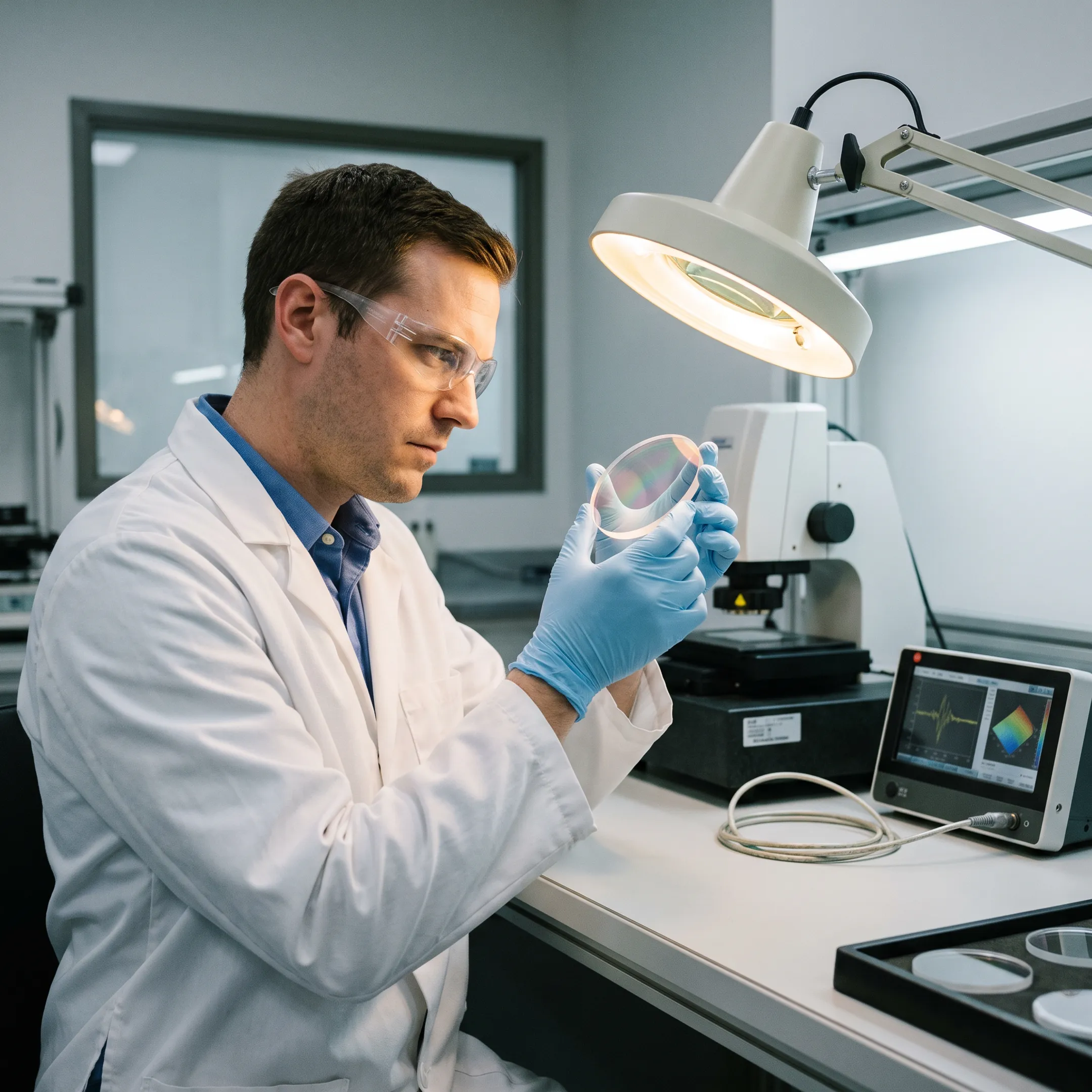 Engineer inspecting a coated polymer optical window