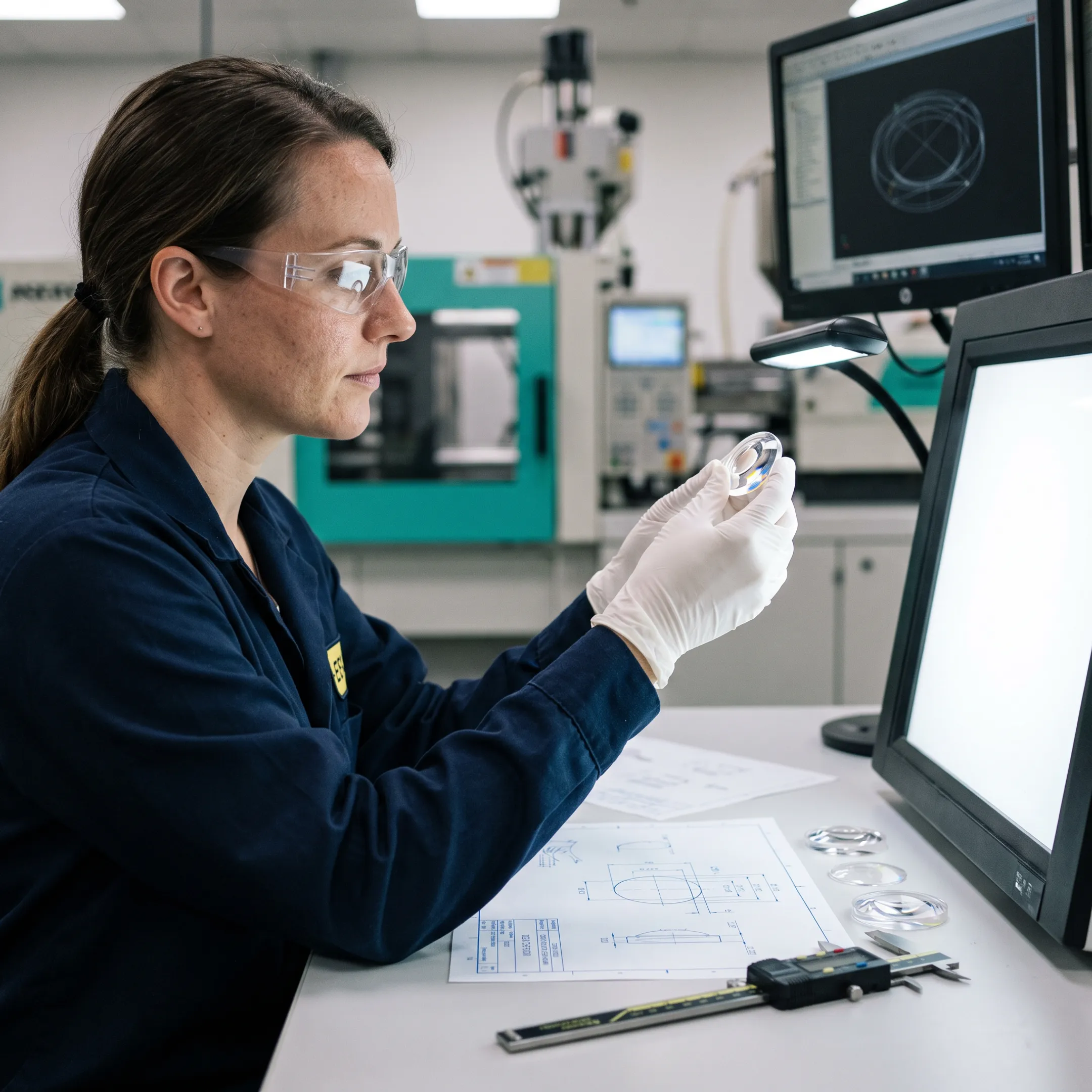 Engineer reviewing molded polymer optical components