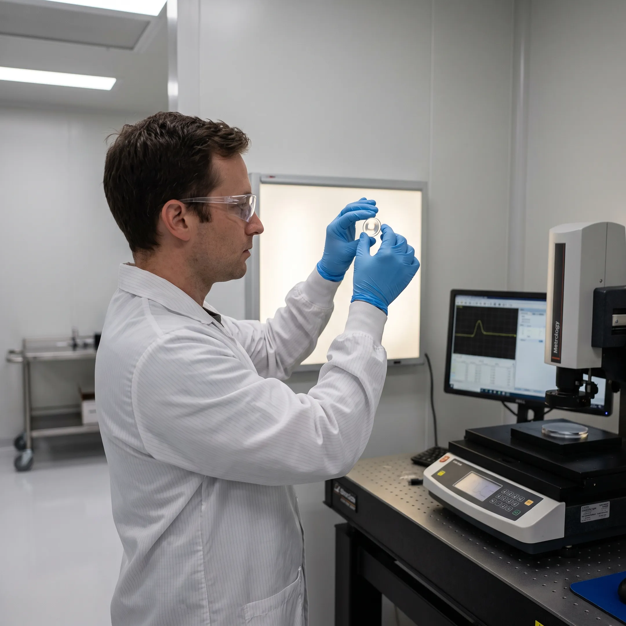 Engineer inspecting a precision optical prototype