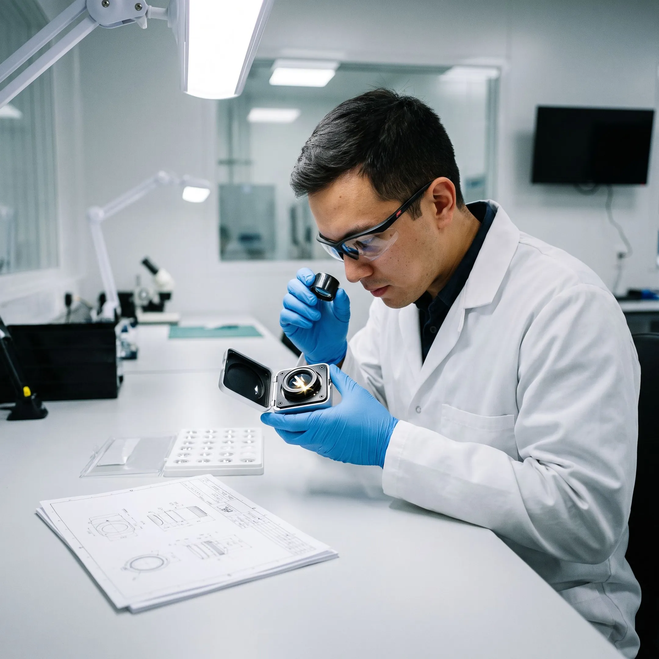 Engineer reviewing a medical optical device prototype