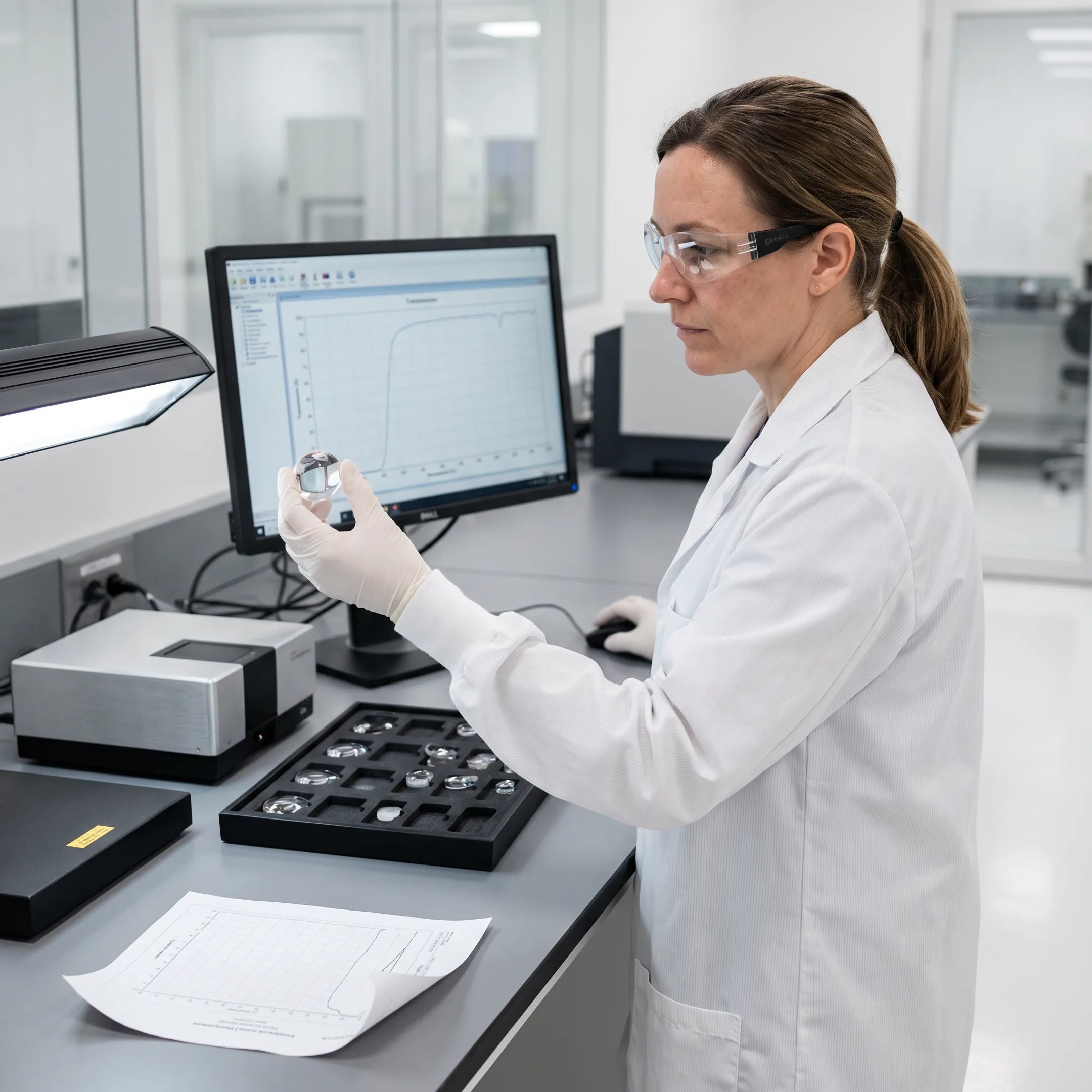 Engineer evaluating polymer optic transmission data