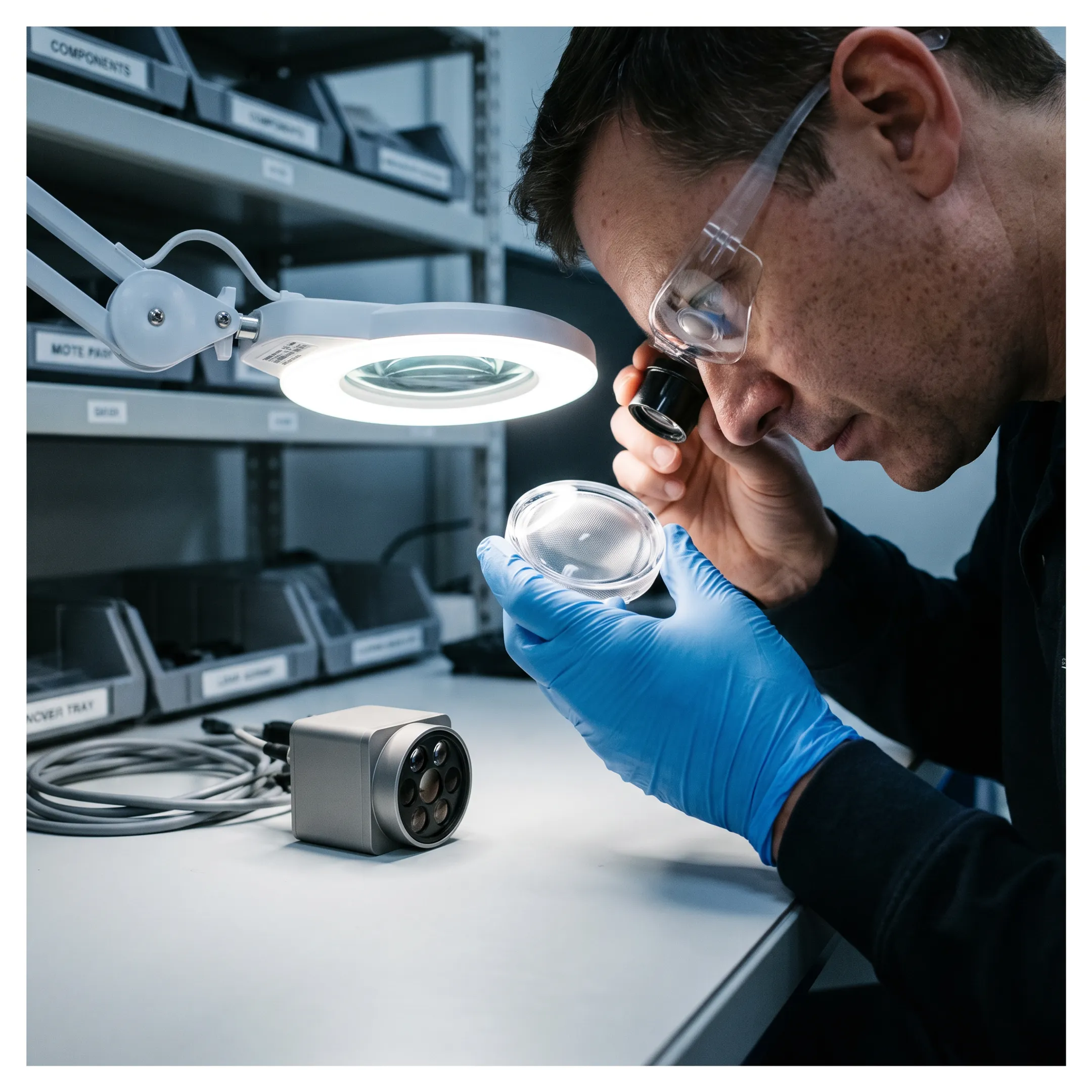 Engineer inspecting a LiDAR diffuser optic