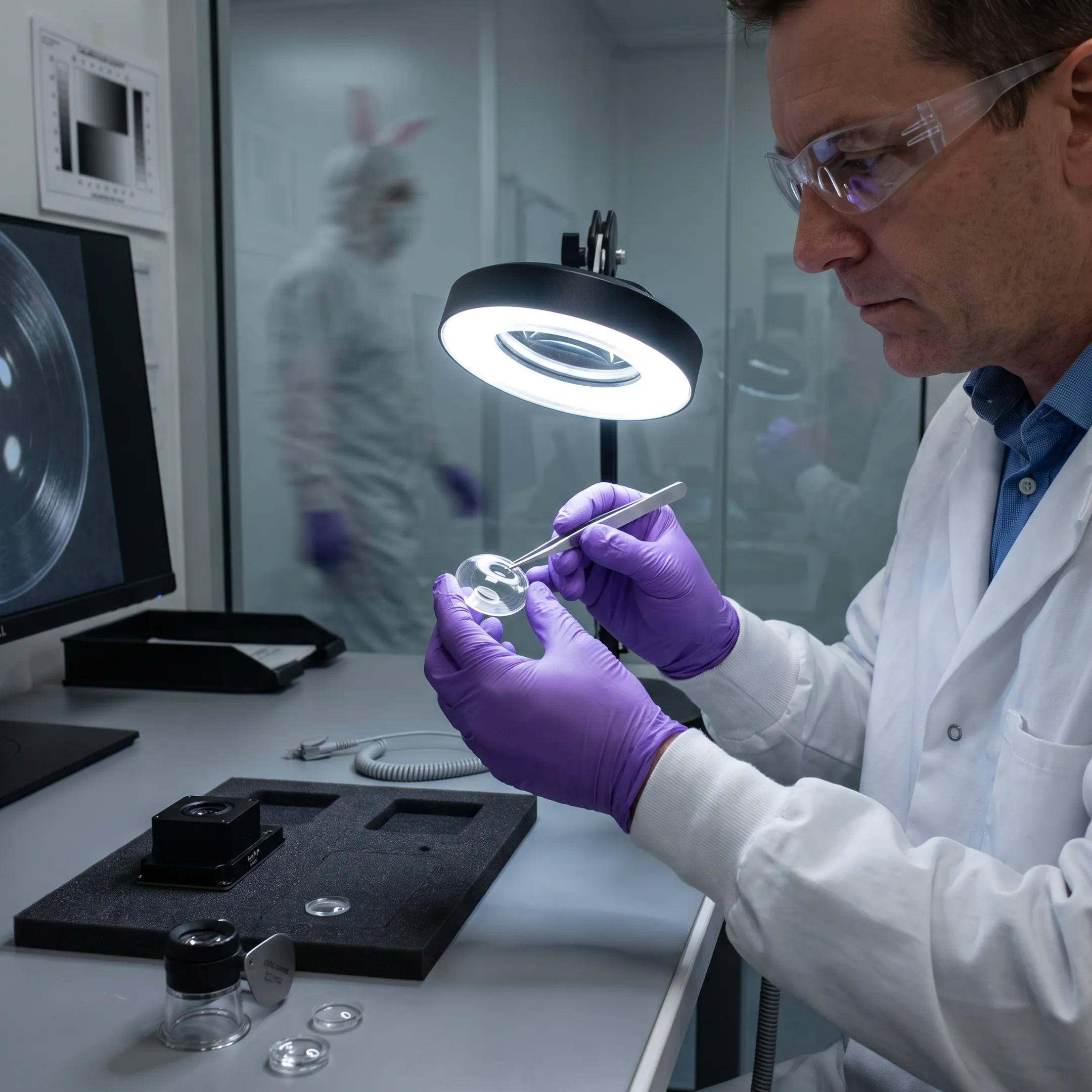 Engineer inspecting molded optical components