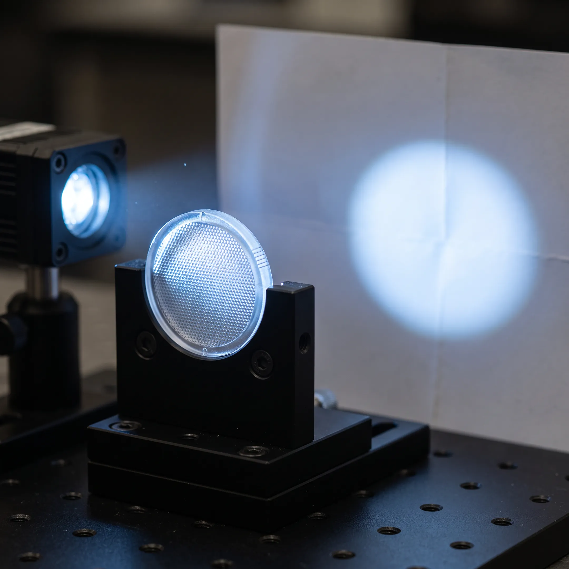 Precision optical lens diffuser illuminated in a laboratory