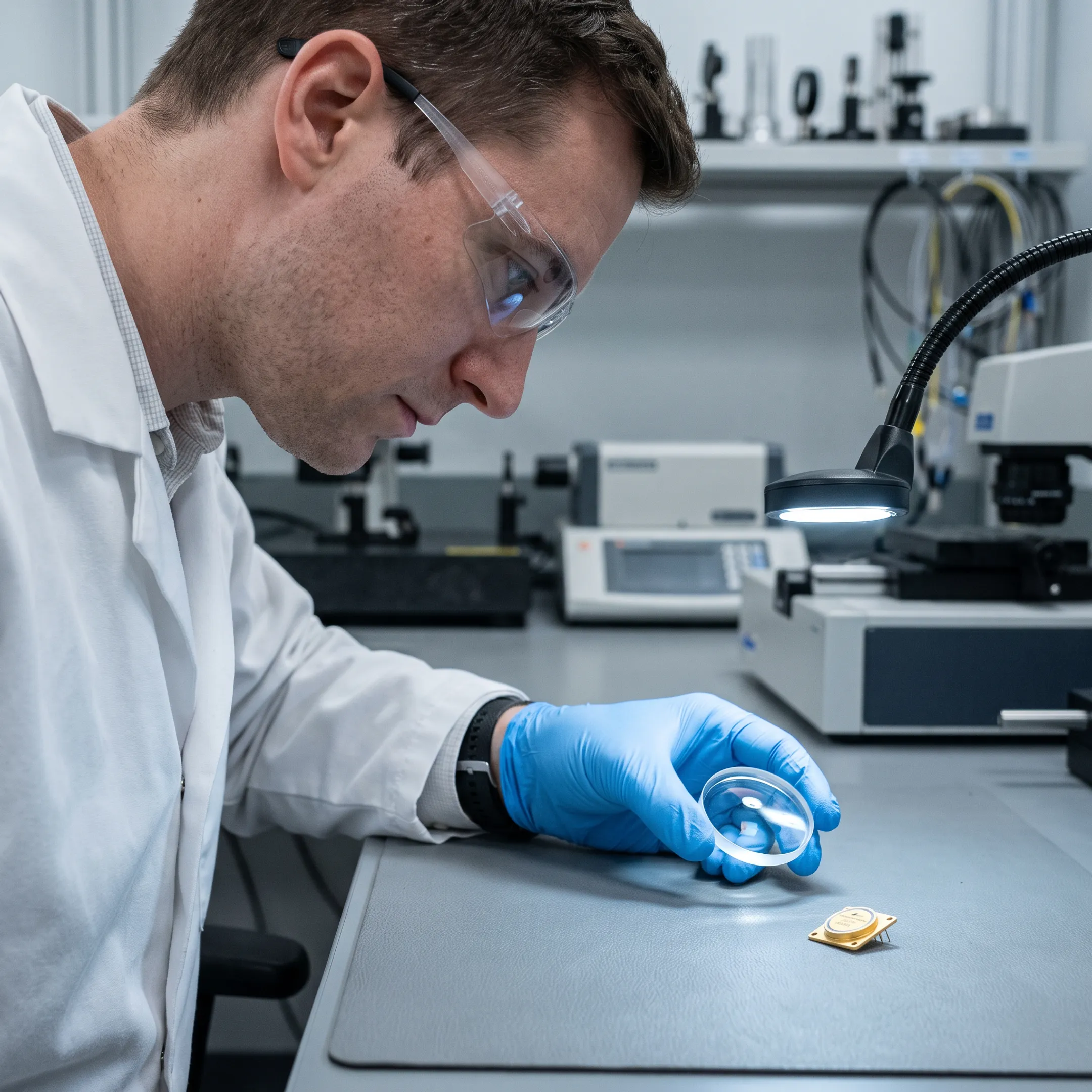 Engineer inspecting a molded VCSEL collimating lens