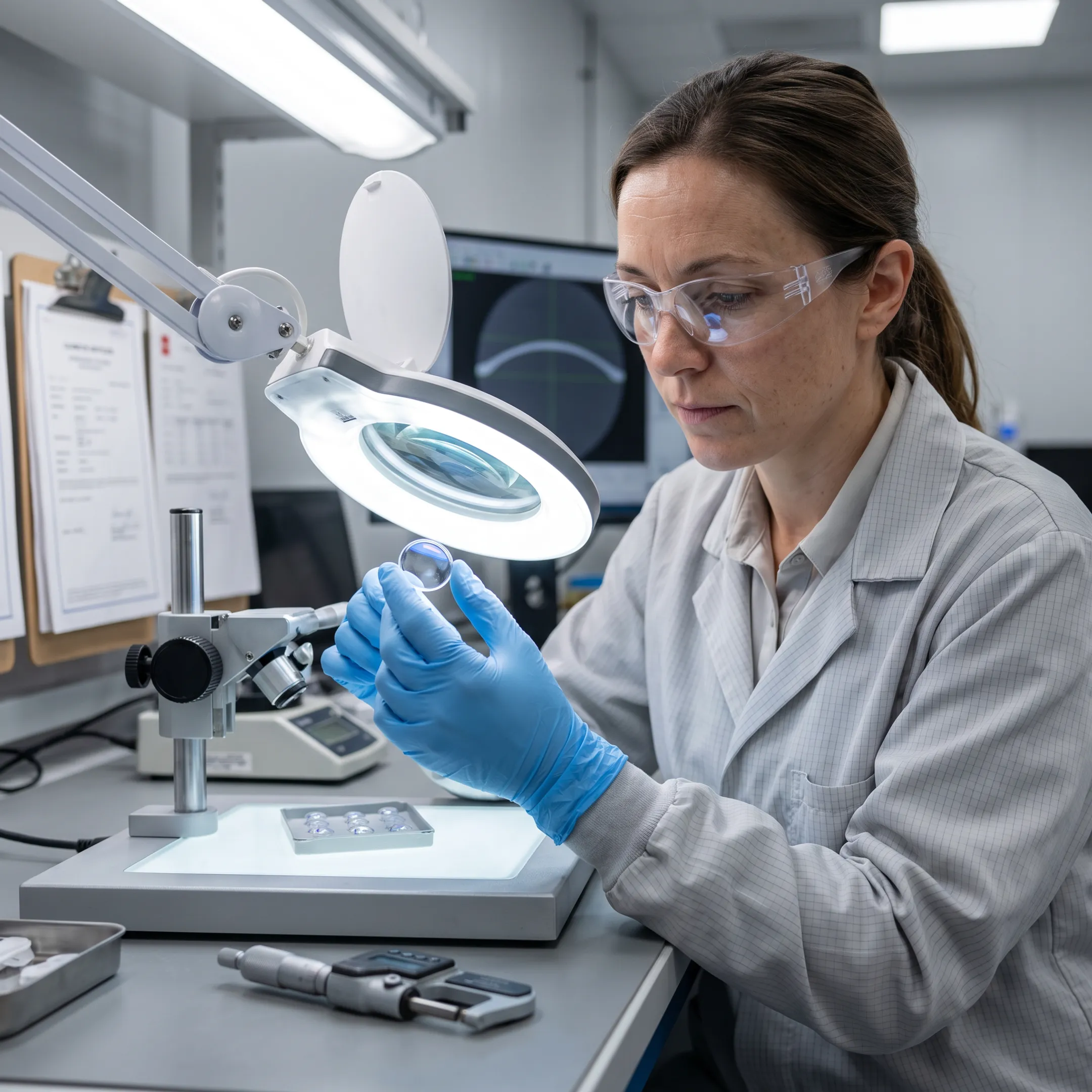 Engineer inspecting polymer endoscope optics