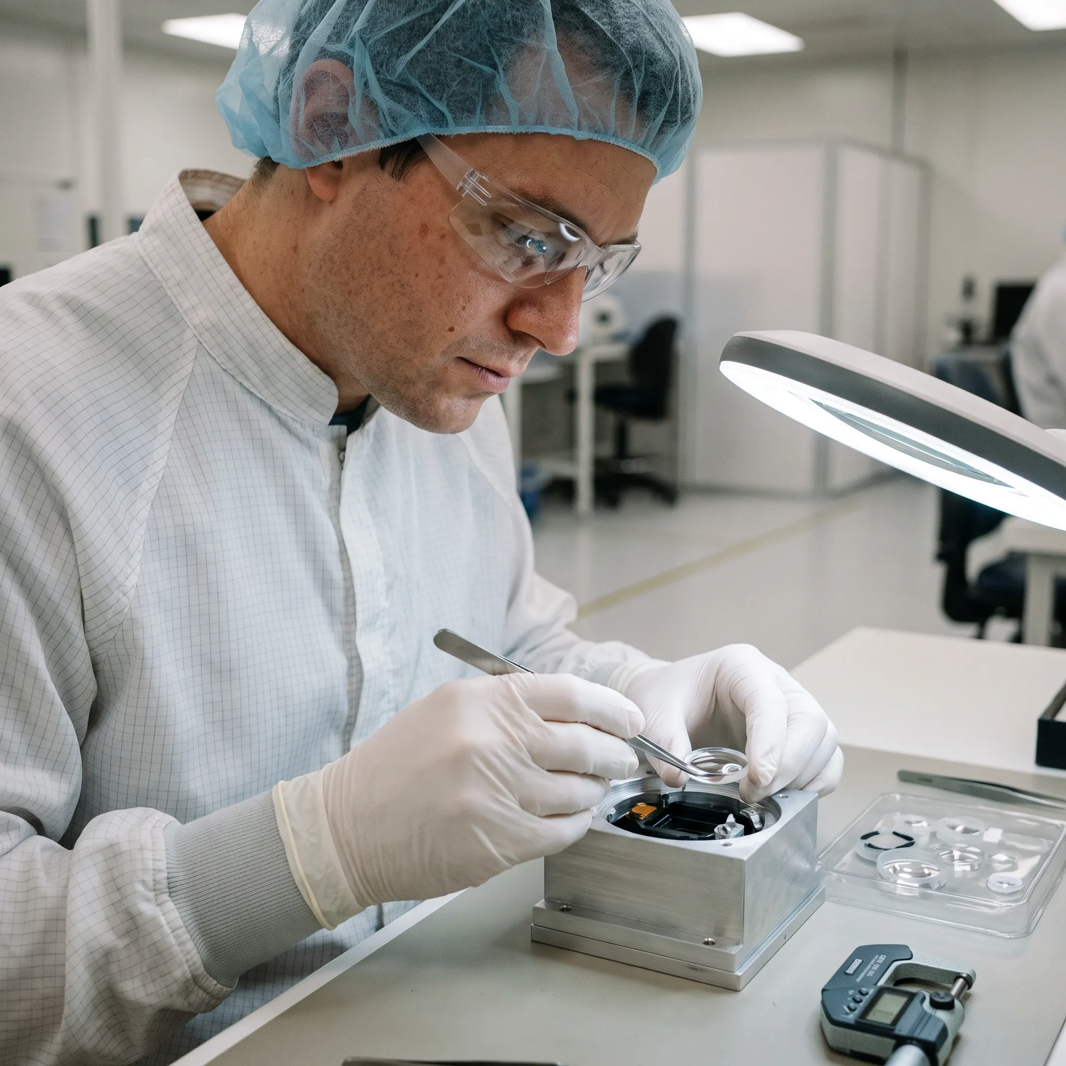 Technician assembling a medical optical device