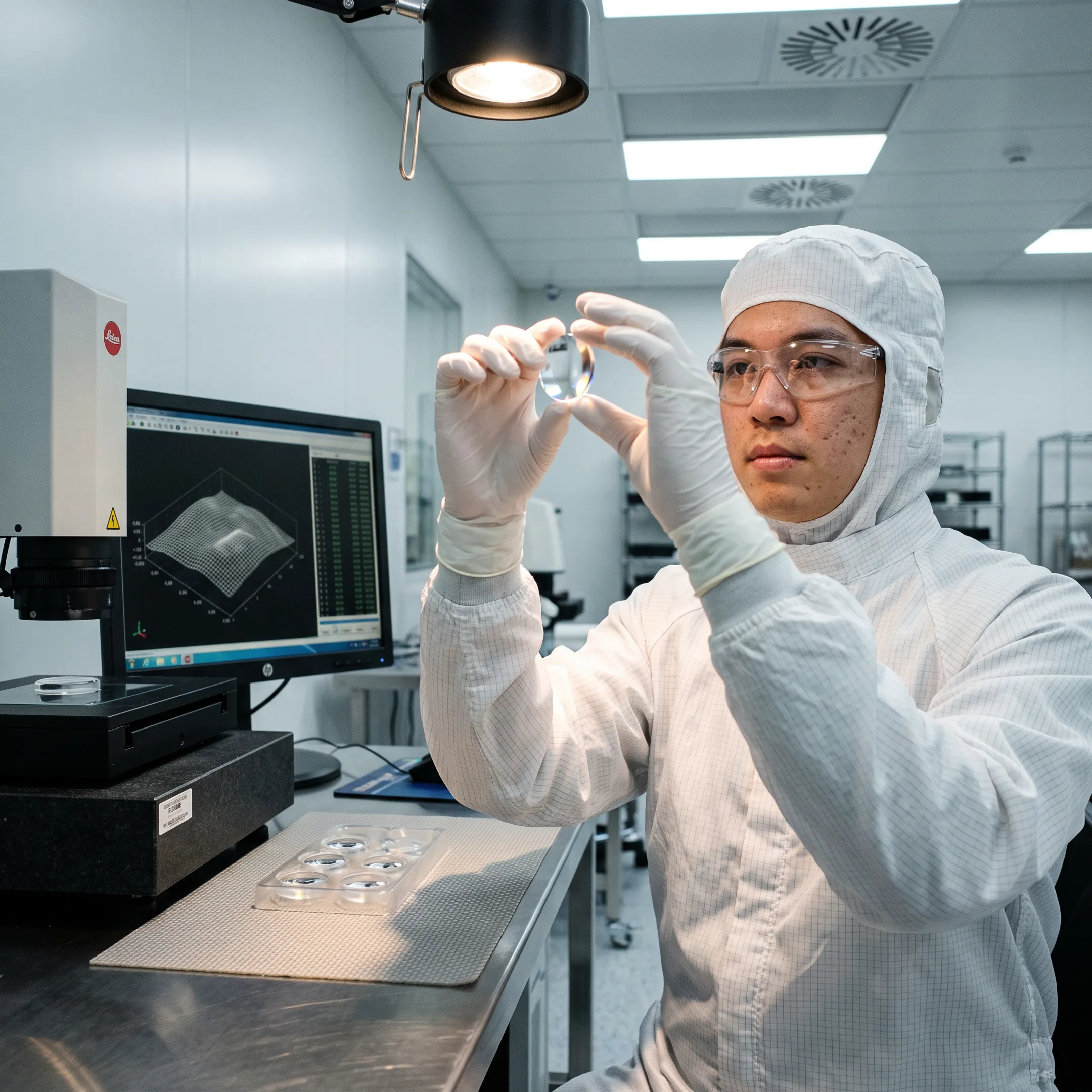 Engineer inspecting a precision polymer lens