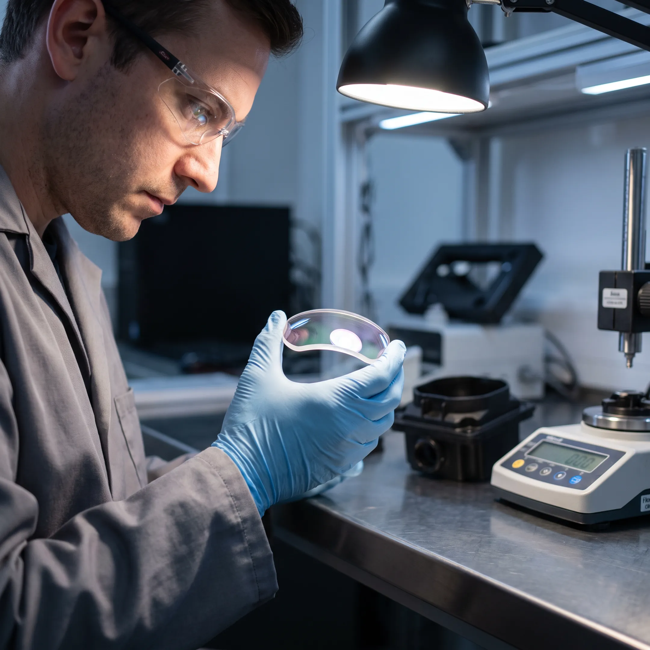 Engineer inspecting coated sensor optics