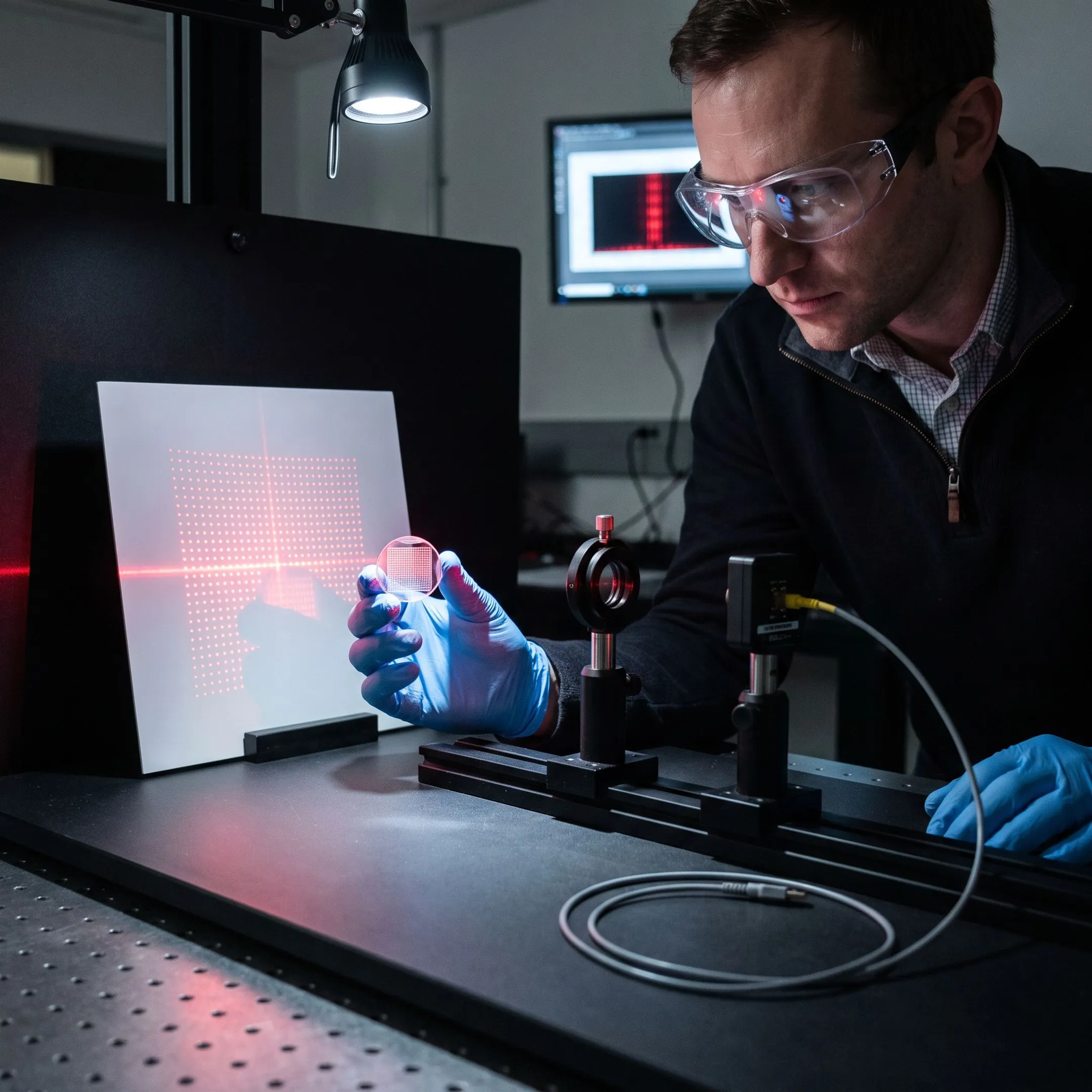 Engineer inspecting a diffractive optic