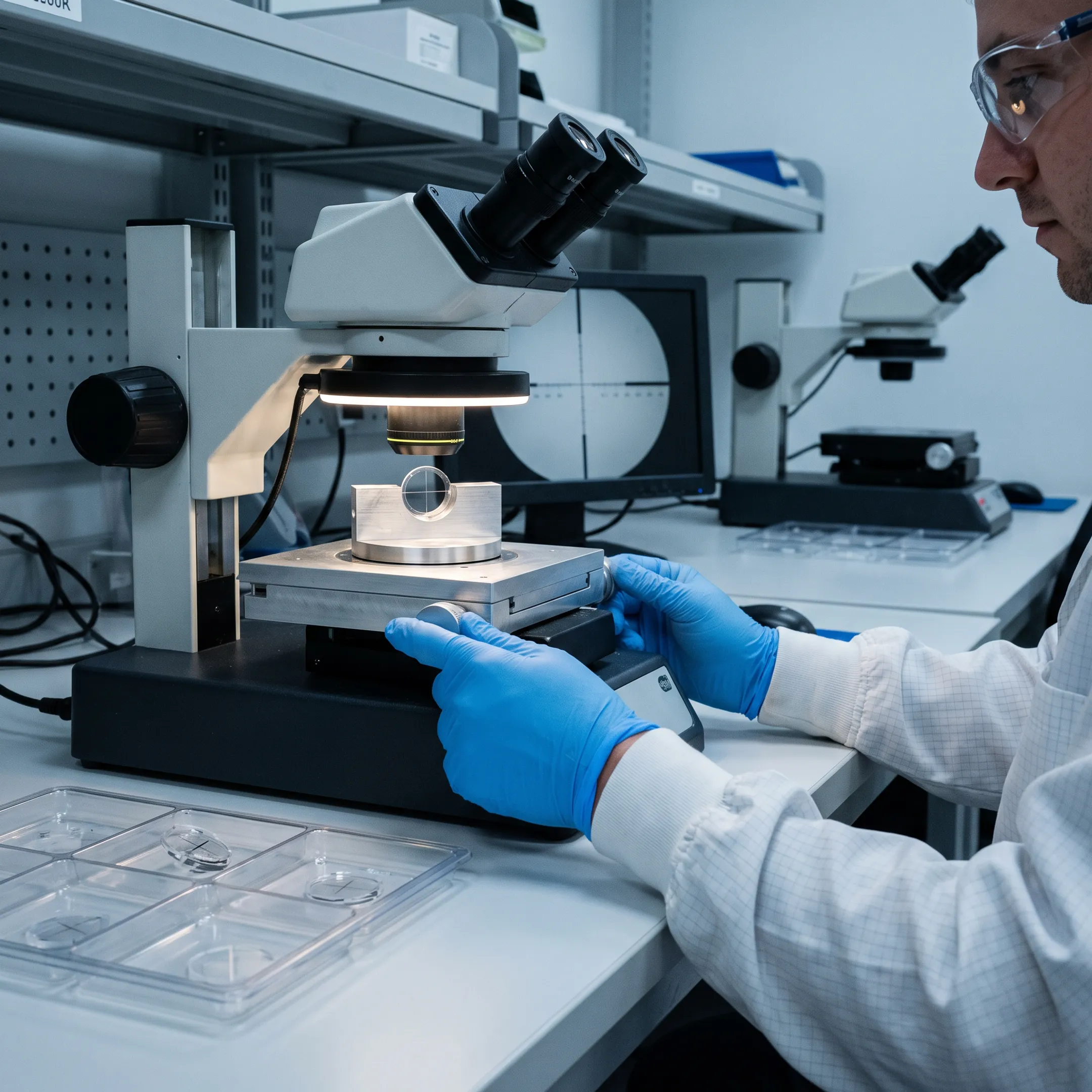 Precision optical reticle component under inspection