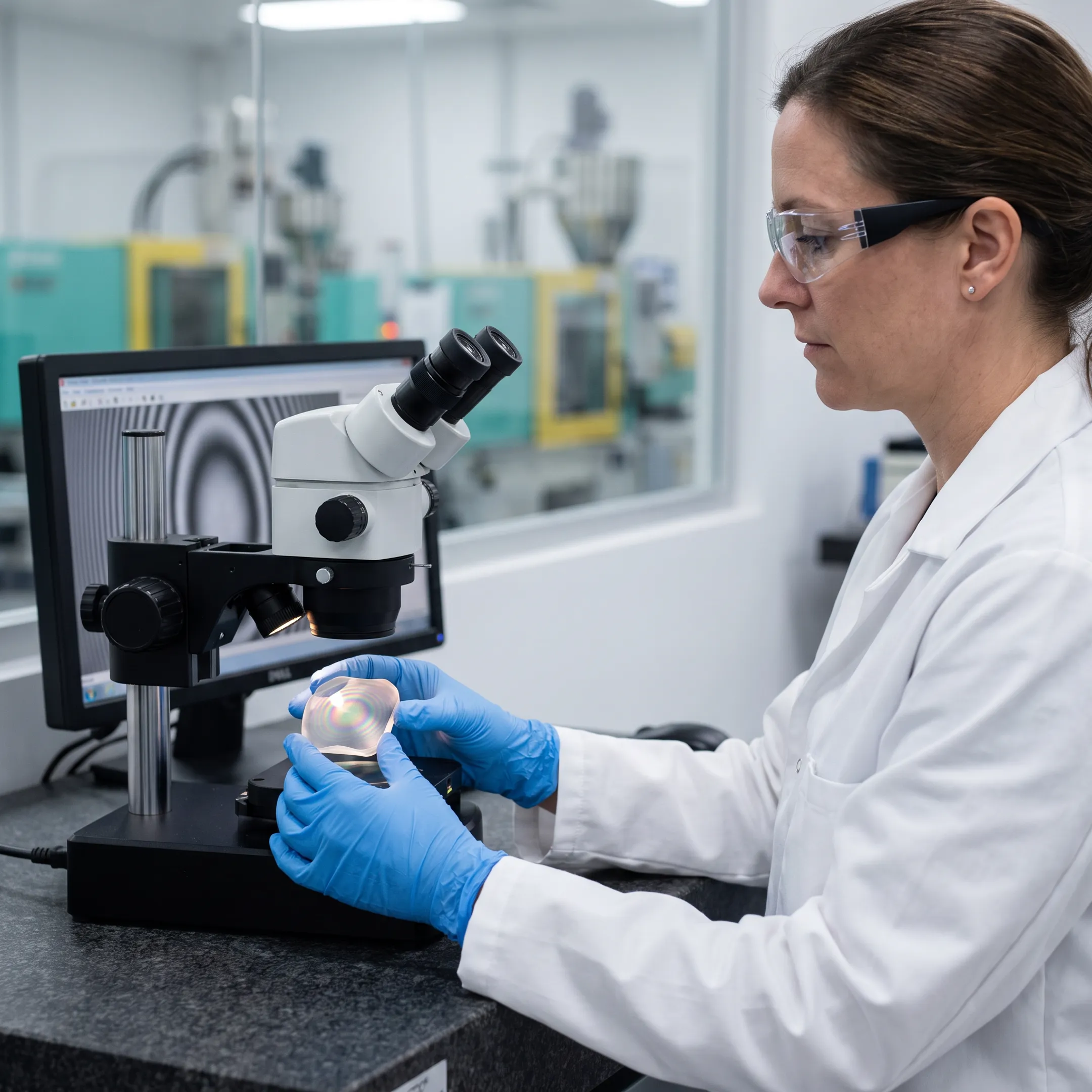 Engineer inspecting a precision polymer optic
