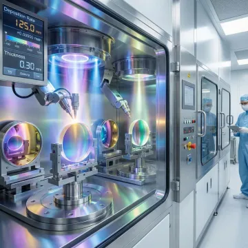 Precision optical coating process showing thin-film deposition on optical components