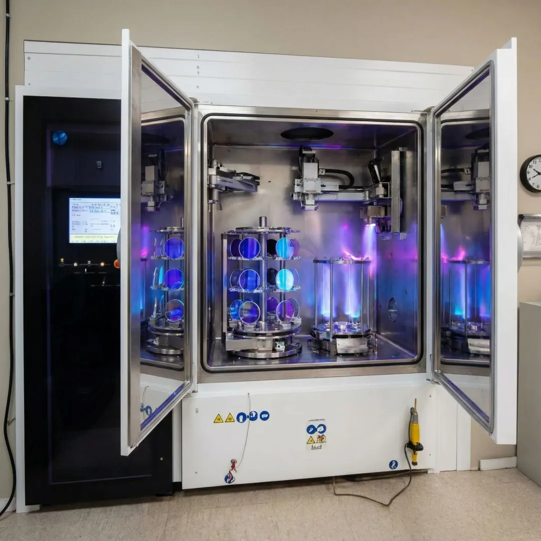 Precision optical coating equipment applying anti-reflective treatments to glass components