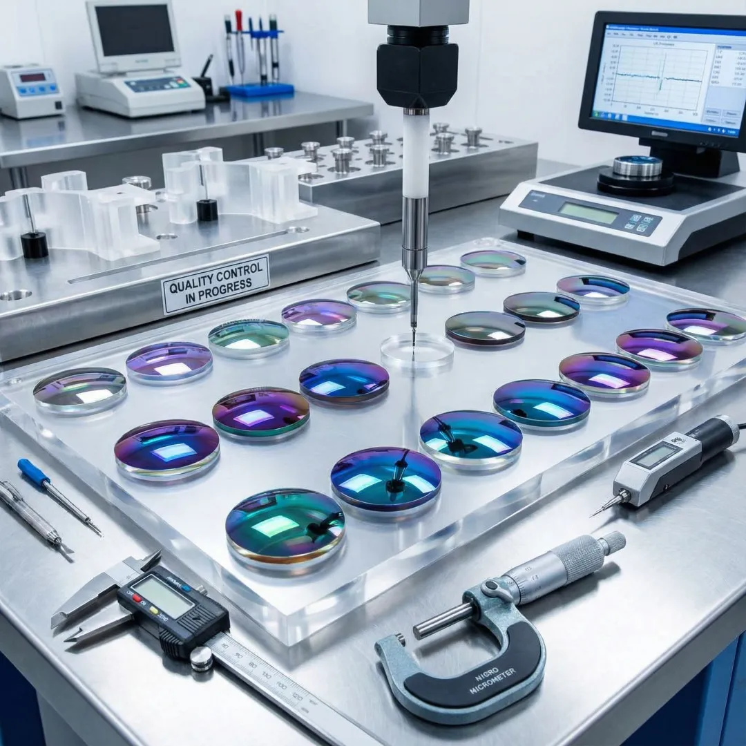 Precision optical components with various specialized coatings being tested for quality