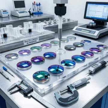 Precision optical components with various specialized coatings being tested for quality
