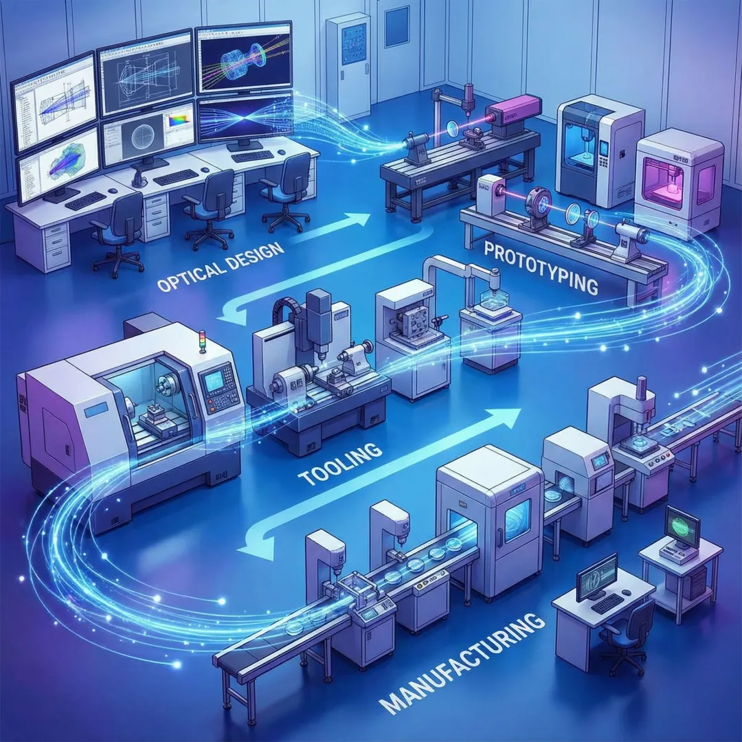 Step-by-step custom optics manufacturing process workflow showing design, prototyping, tooling, and production stages