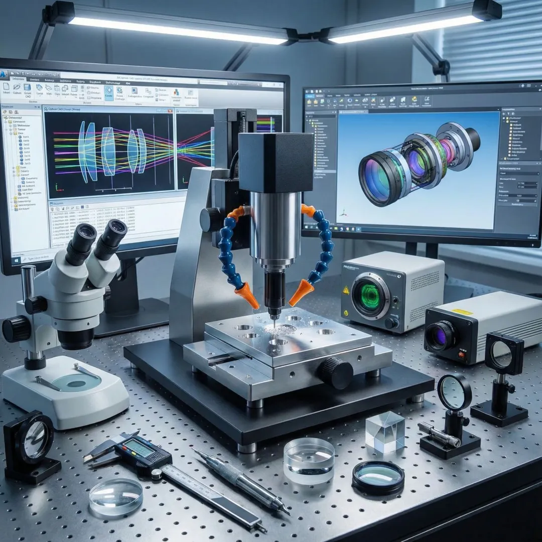 Advanced optical design workstation with precision measurement equipment