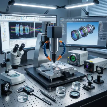 Advanced optical design workstation with precision measurement equipment