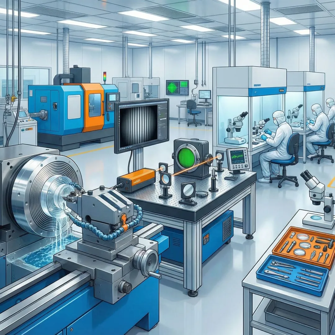 Precision optical manufacturing process showing diamond turning and metrology equipment