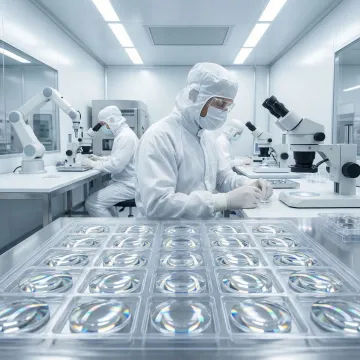 Medical optical components being assembled in cleanroom environment