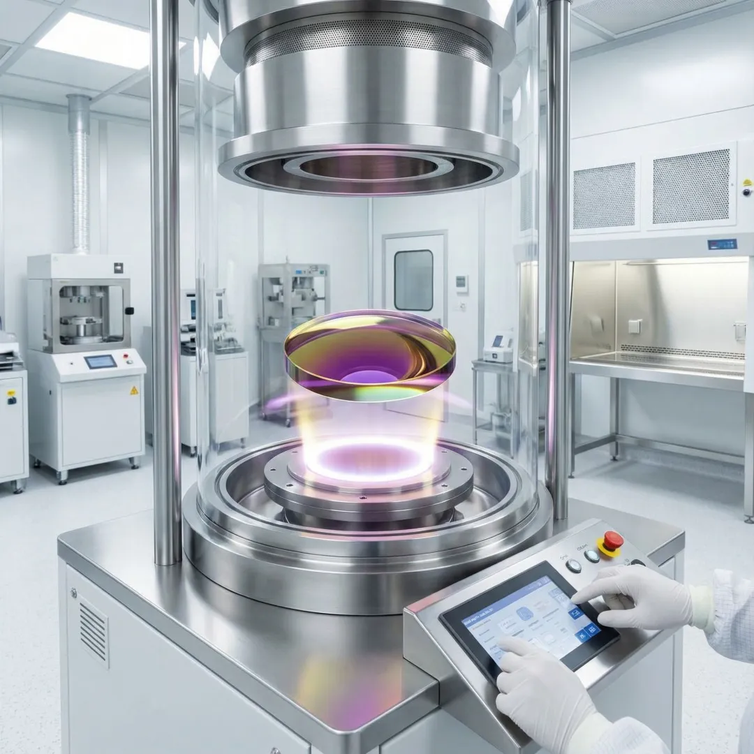 Close-up view of precision optical coating being applied to polymer lens with specialized equipment