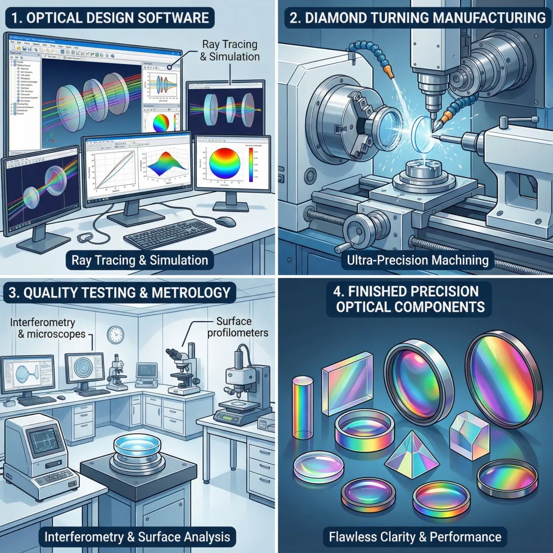 Step-by-step precision optics manufacturing process from design to delivery