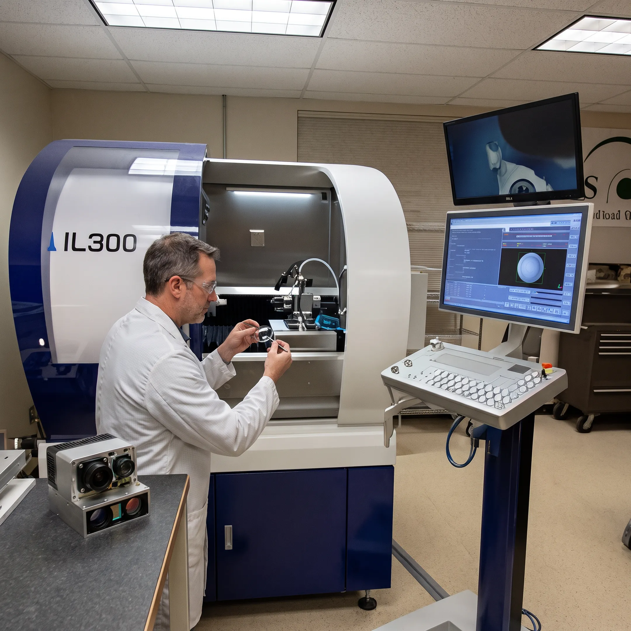 Engineer inspecting polymer optics