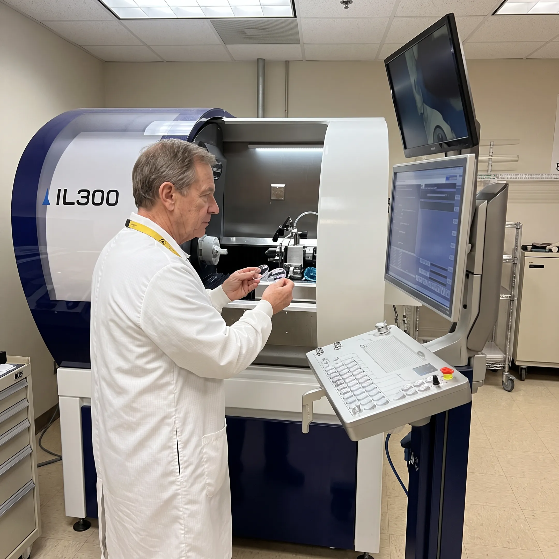 Engineer inspecting molded optical polymer lenses