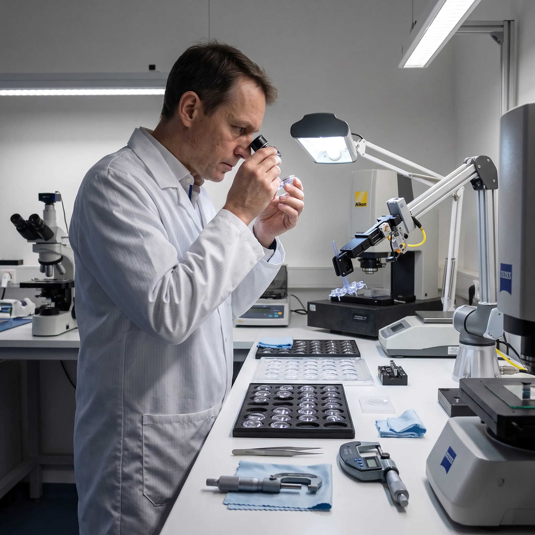Engineer inspecting polymer optics for robotics