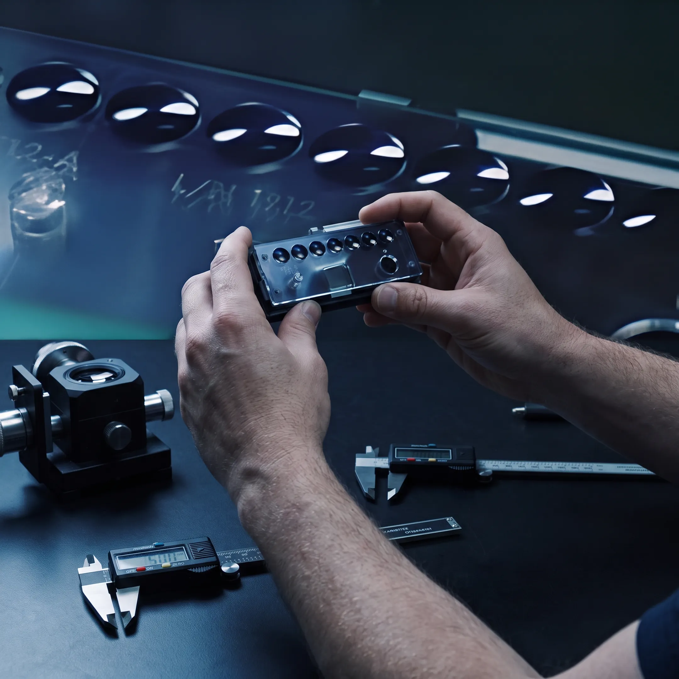 Engineer inspecting precision industrial sensing optics
