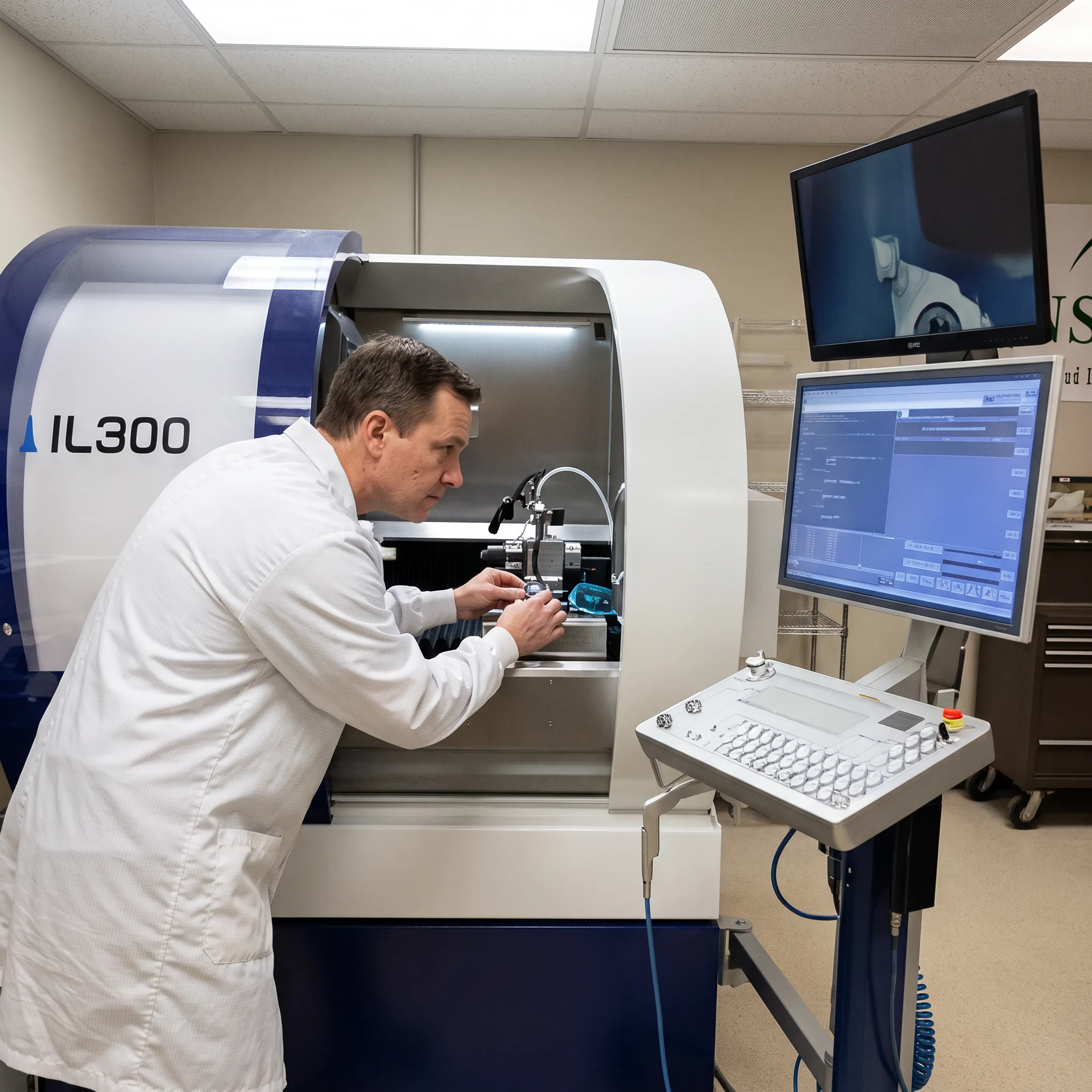 Technician inspecting a precision optical component
