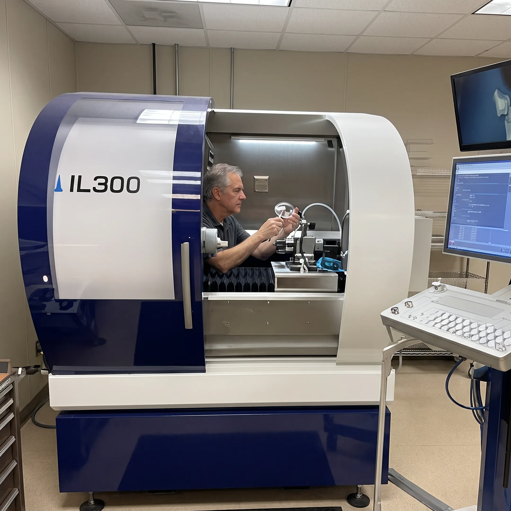 Engineer inspecting a molded polymer lens