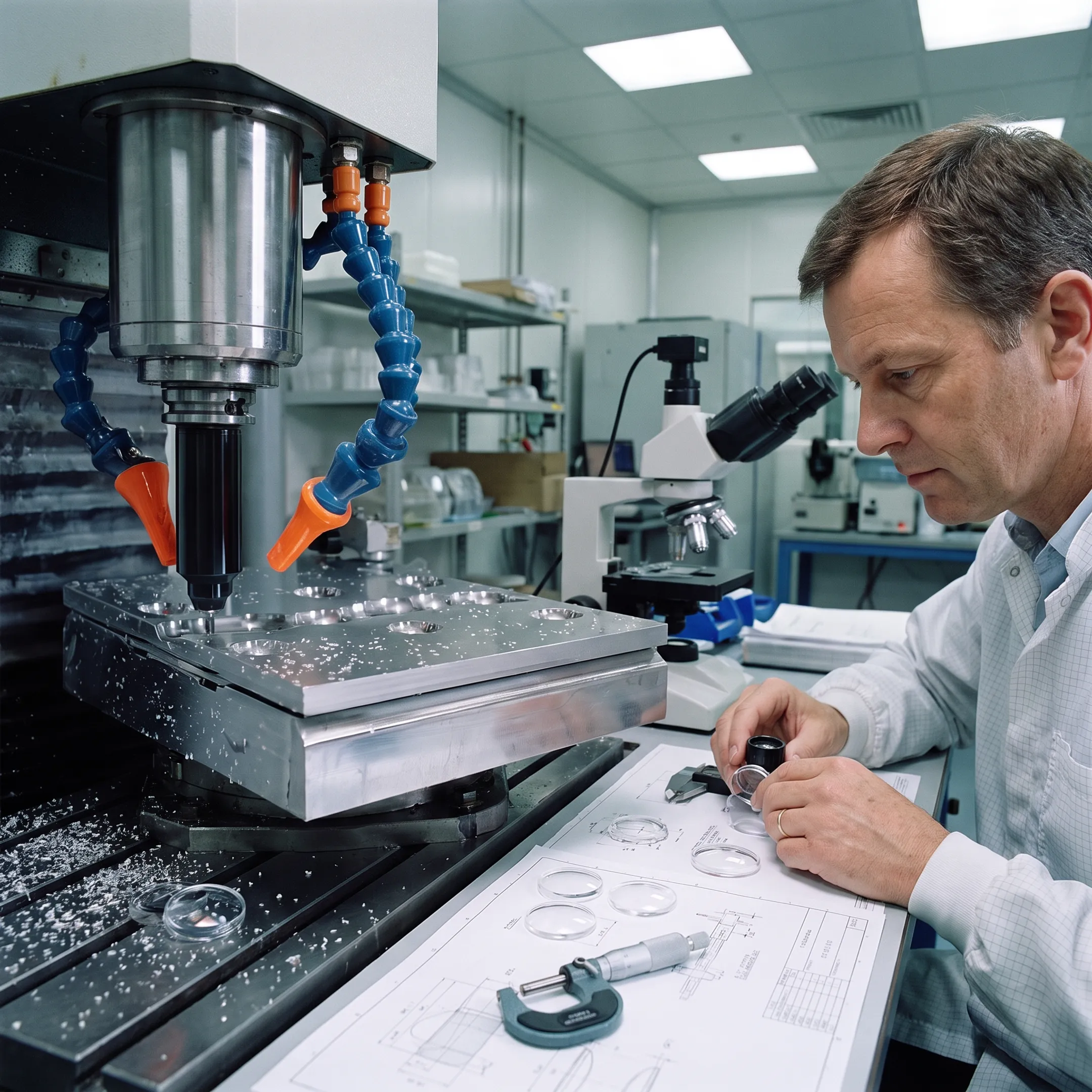 Engineer reviewing molded optics production samples