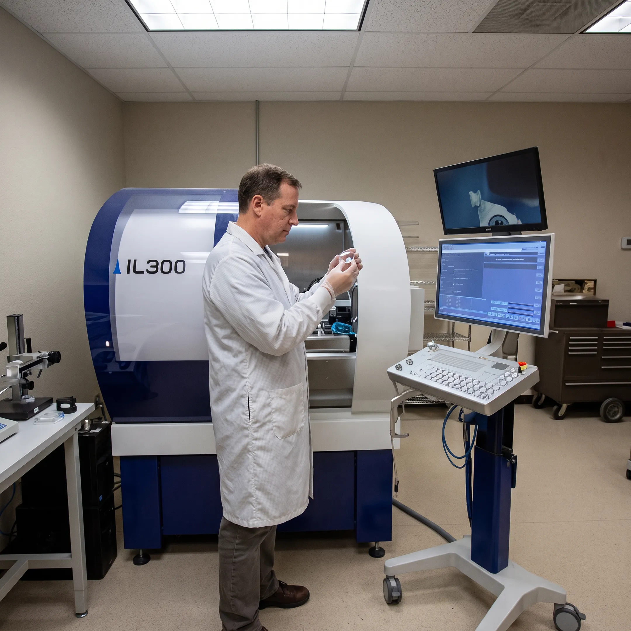 Engineer inspecting a precision optical prototype