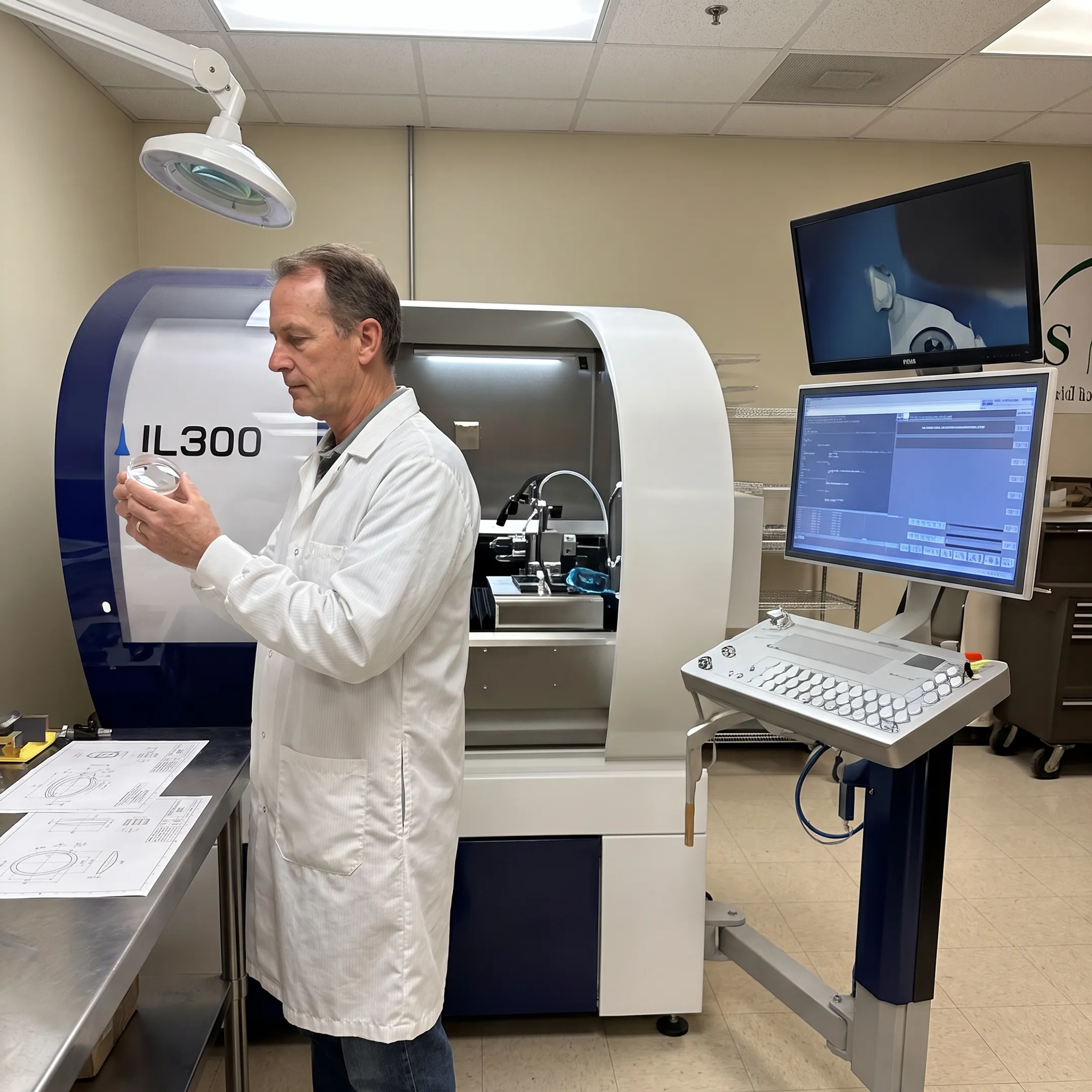 Engineer inspecting a precision optical prototype