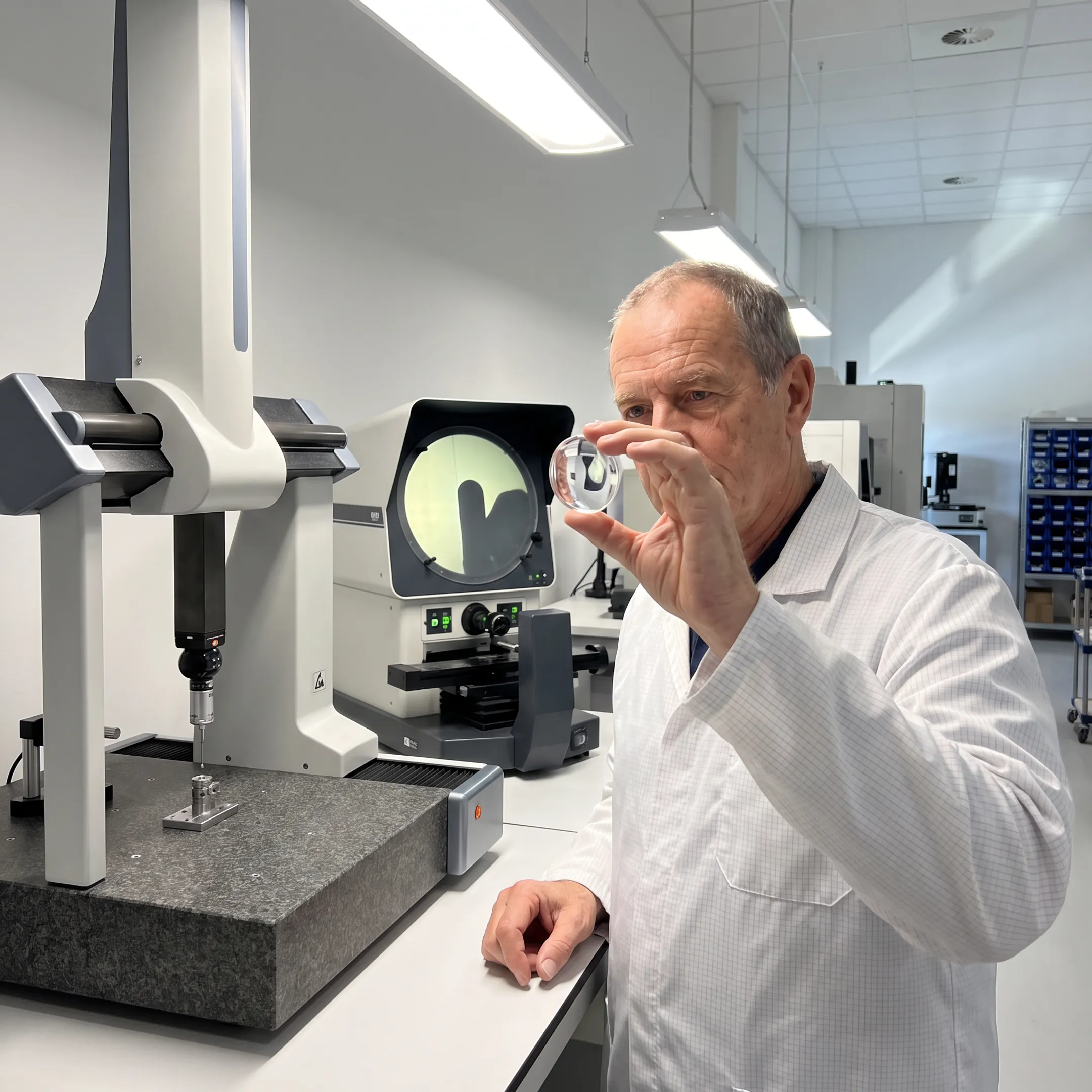 Engineer inspecting a molded optical lens