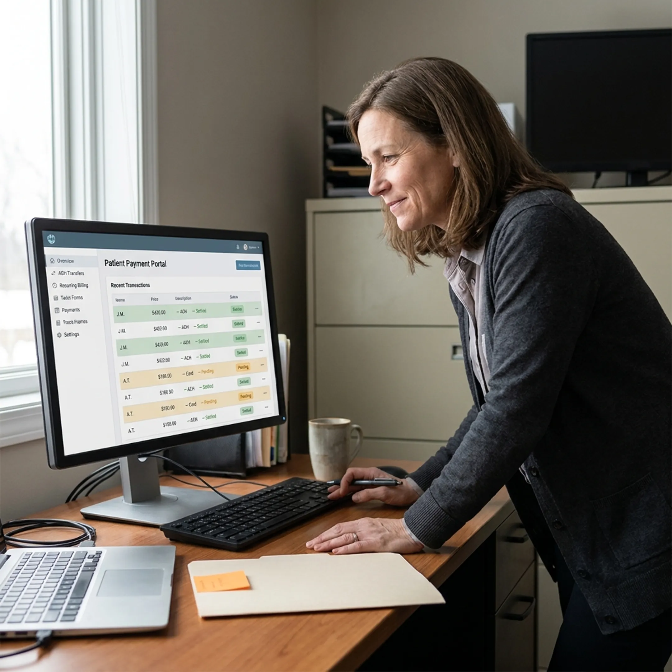 Treatment center staff reviewing patient payment options online